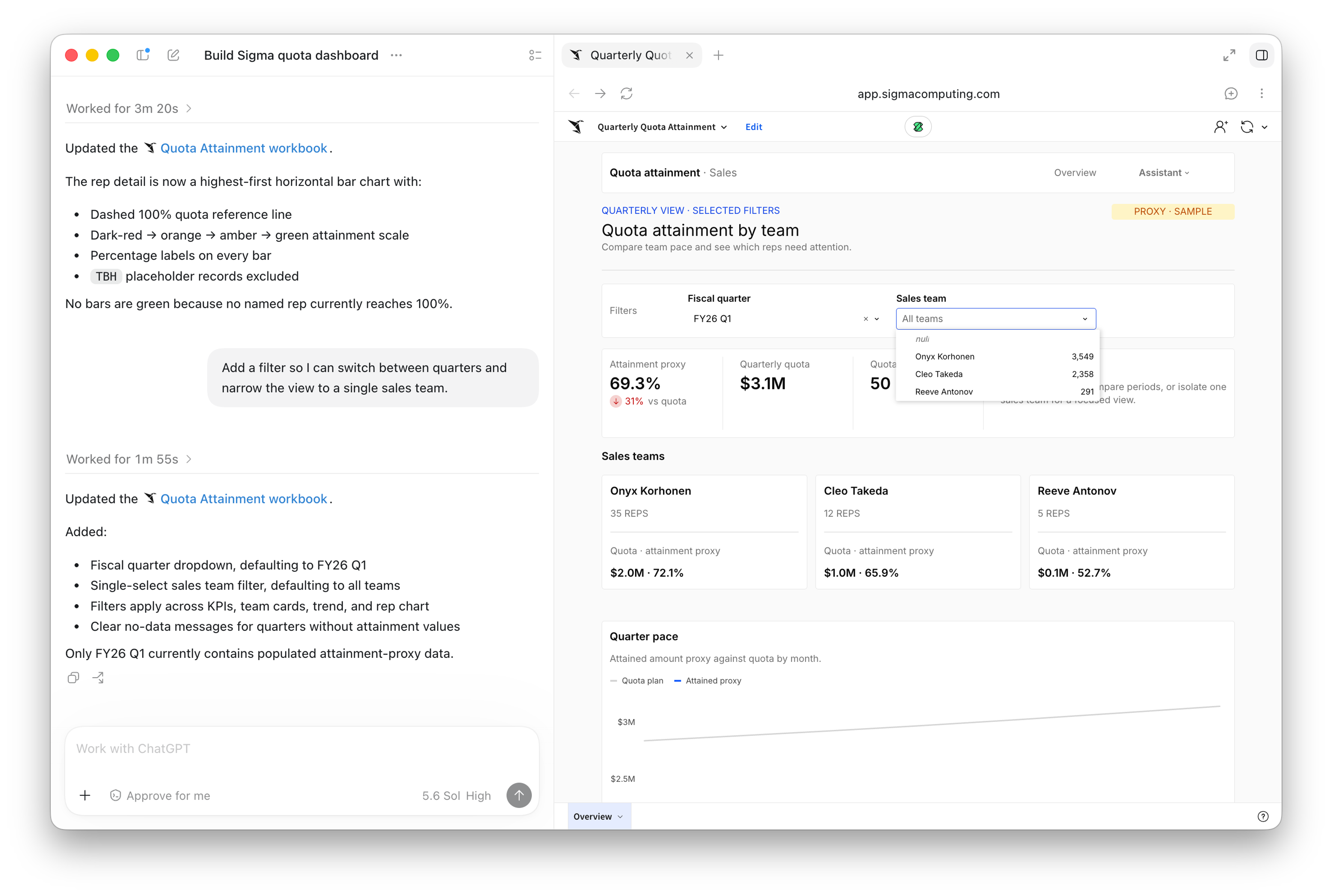 A ChatGPT prompt asking to add a quarter and sales team filter, next to the Sigma dashboard showing the new filter dropdowns