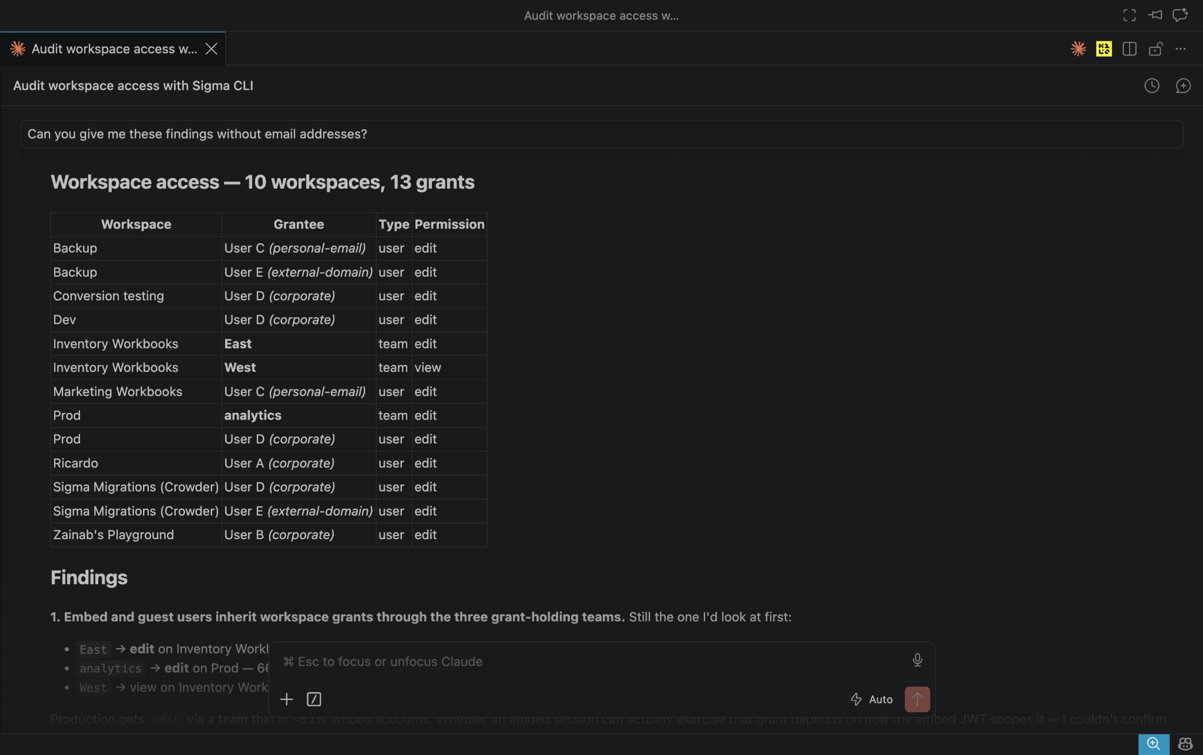Claude Code terminal session showing workspace access findings