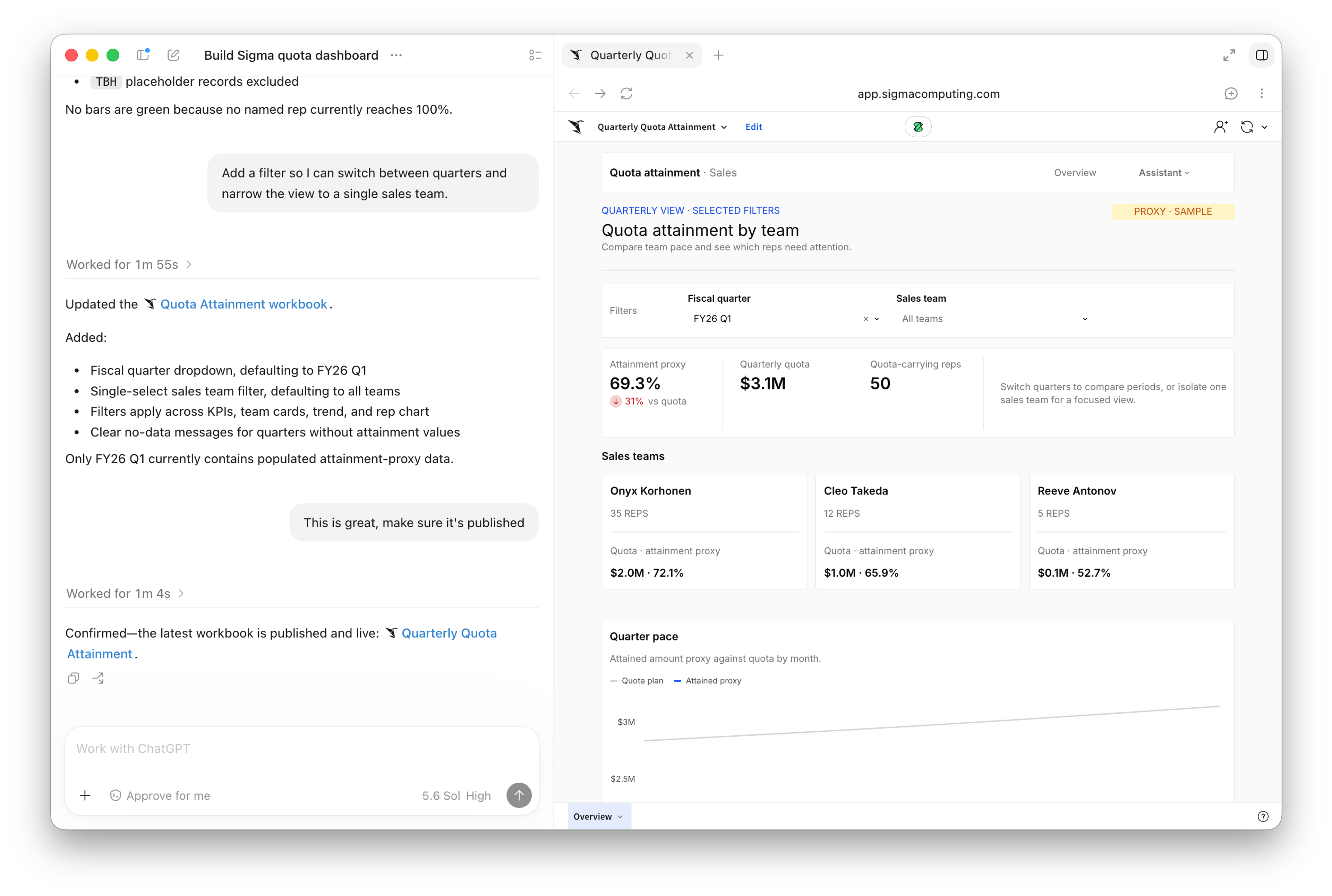 A ChatGPT prompt asking to publish the dashboard, with ChatGPT confirming the Sigma workbook is published and live