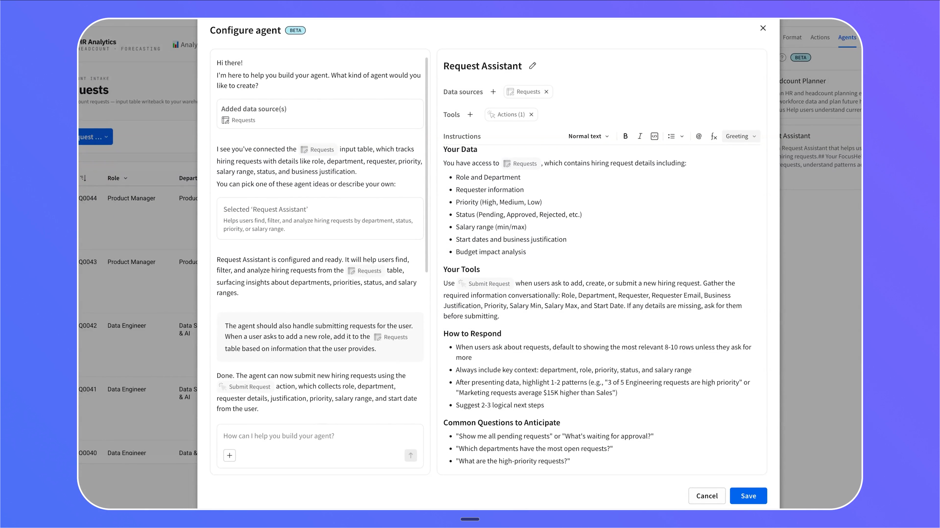 Sigma’s Configure agent panel, where the Agent Builder Assistant drafts a Request Assistant from a connected input table.