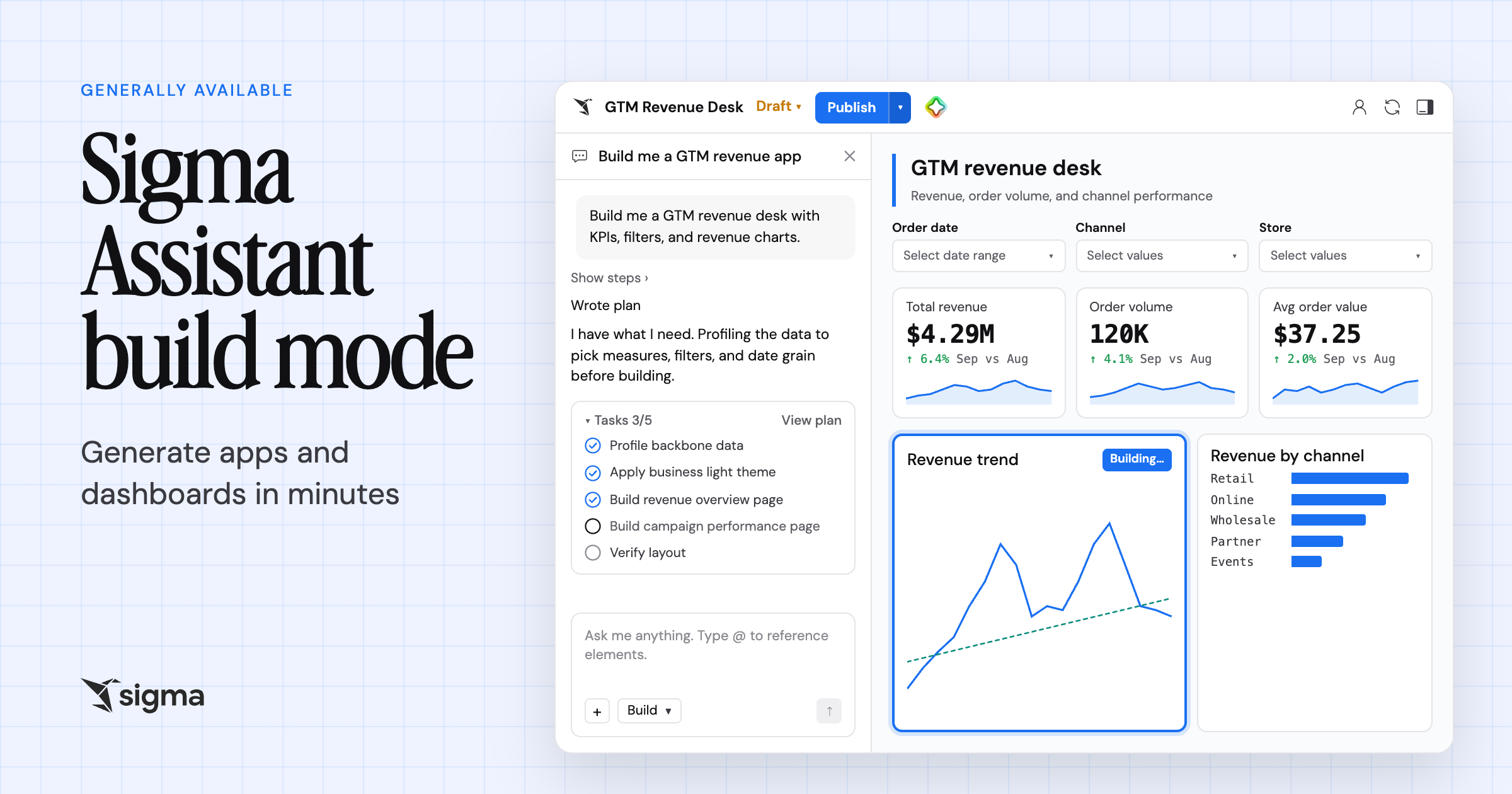 Sigma Assistant build mode: generate apps and dashboards in minutes, now generally available