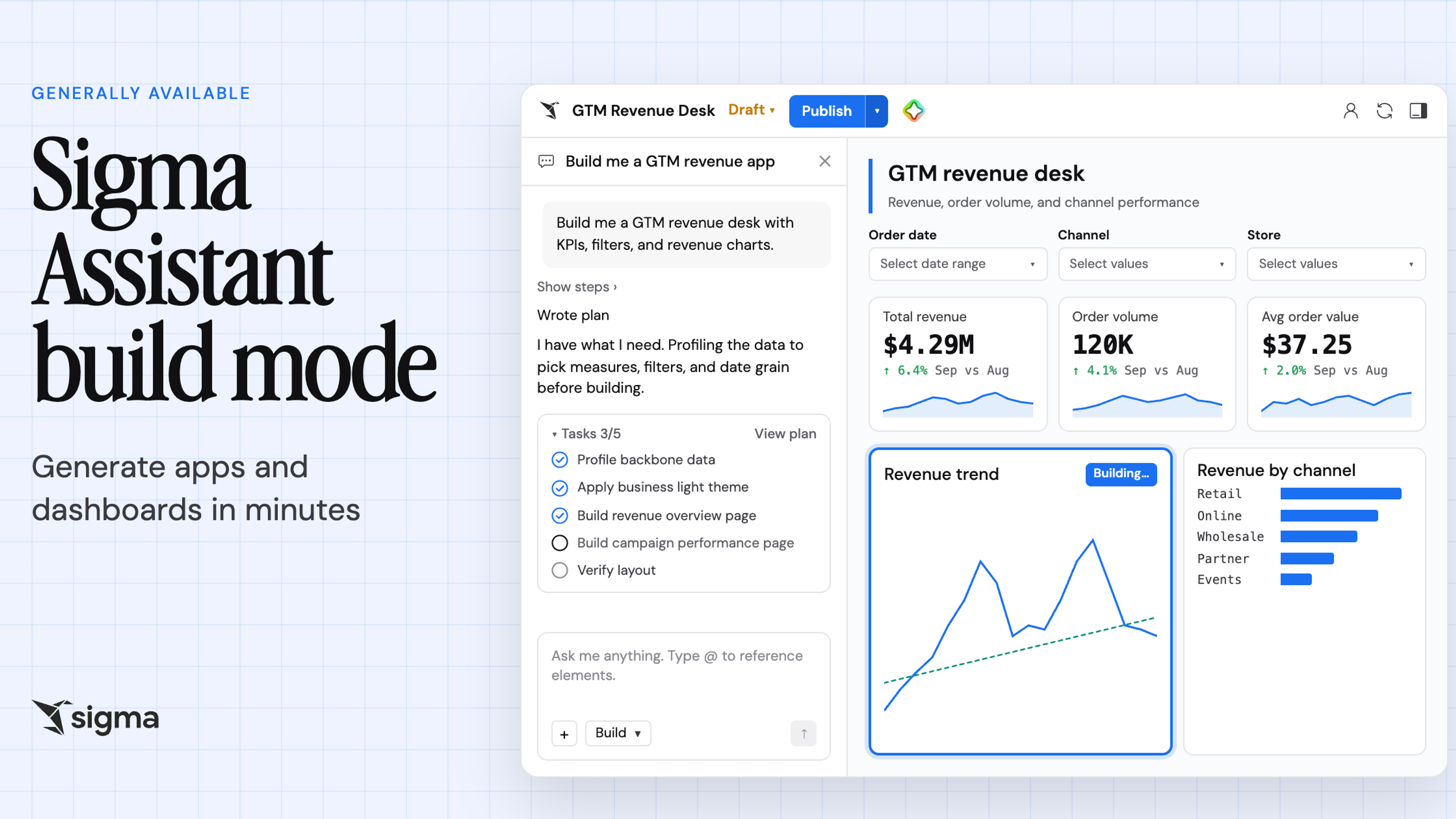 Sigma Assistant build mode: generate apps and dashboards in minutes, now generally available