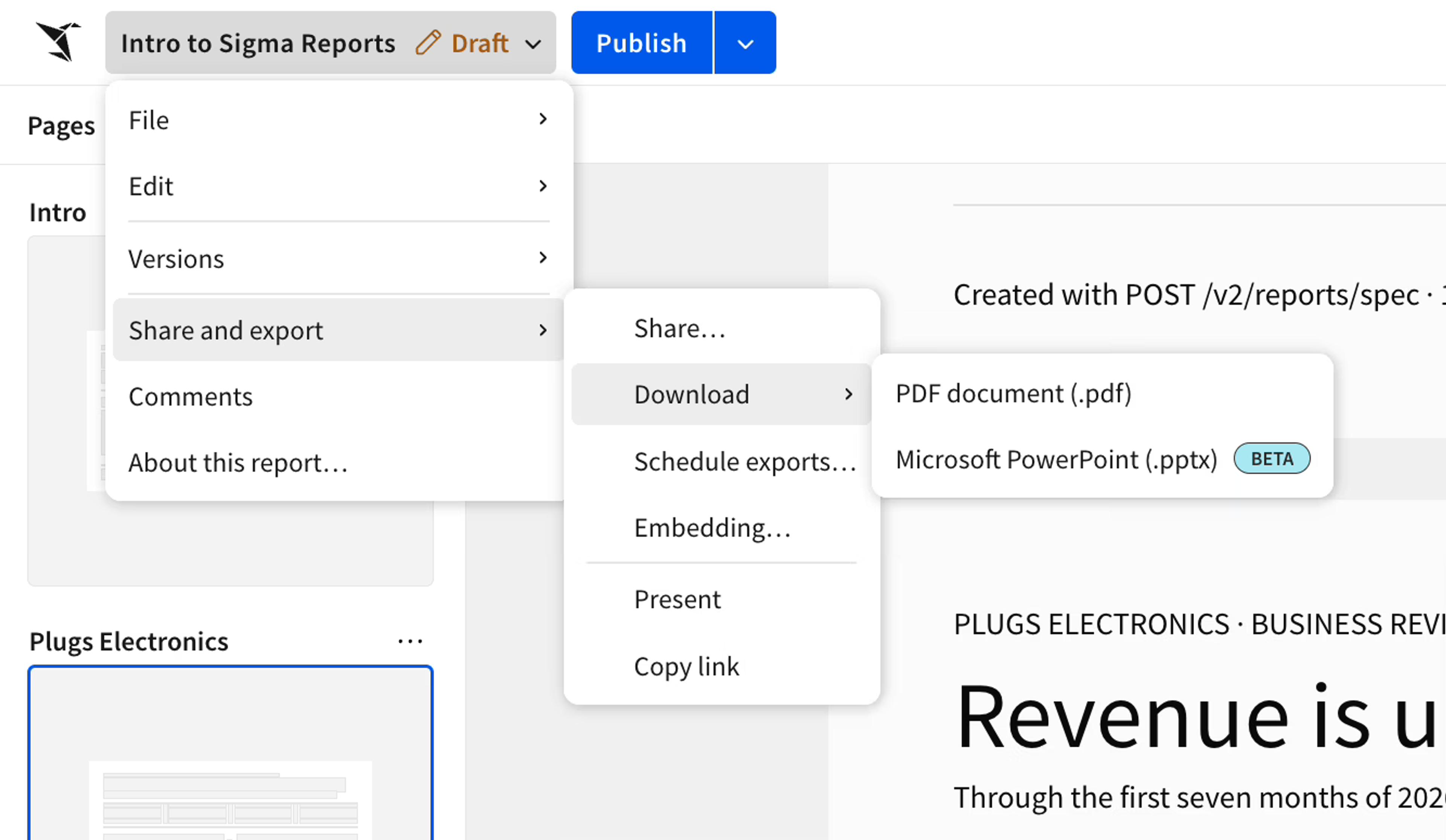 Sigma's Share and export menu with Download expanded, showing Microsoft PowerPoint (.pptx) marked as Beta