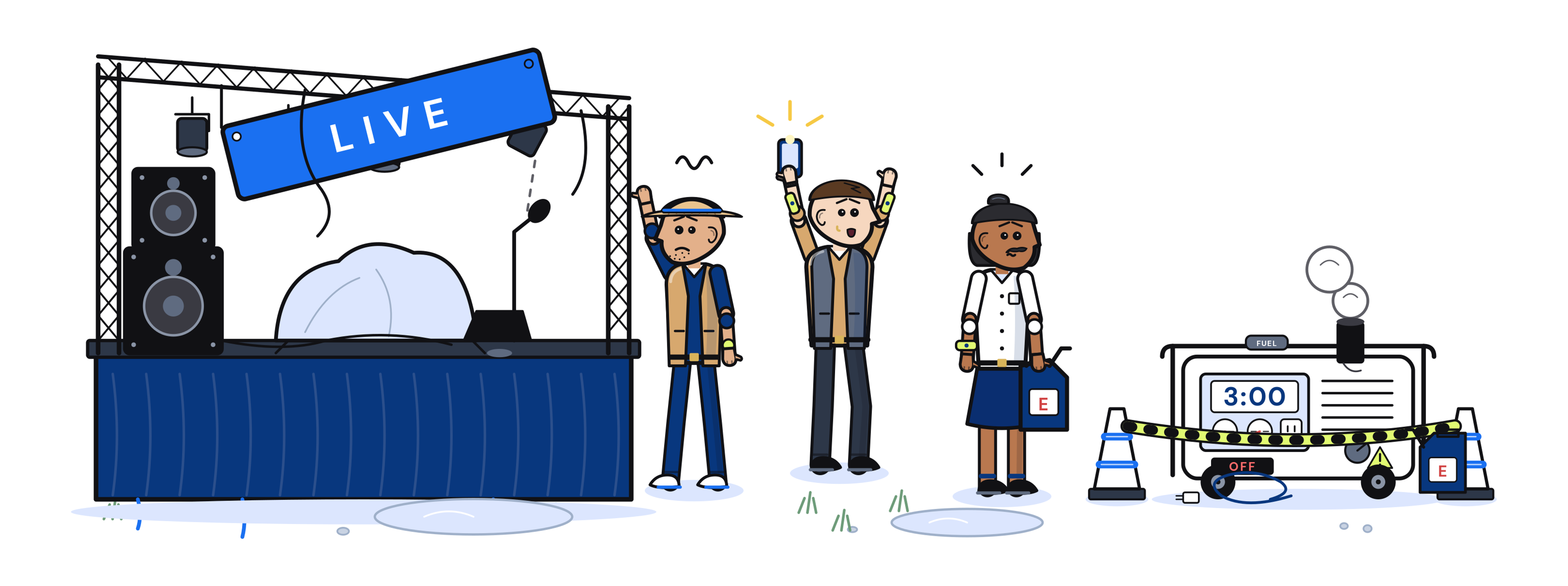 Illustration of an empty stage under a sagging LIVE sign, with guests waiting beside a generator that is switched off