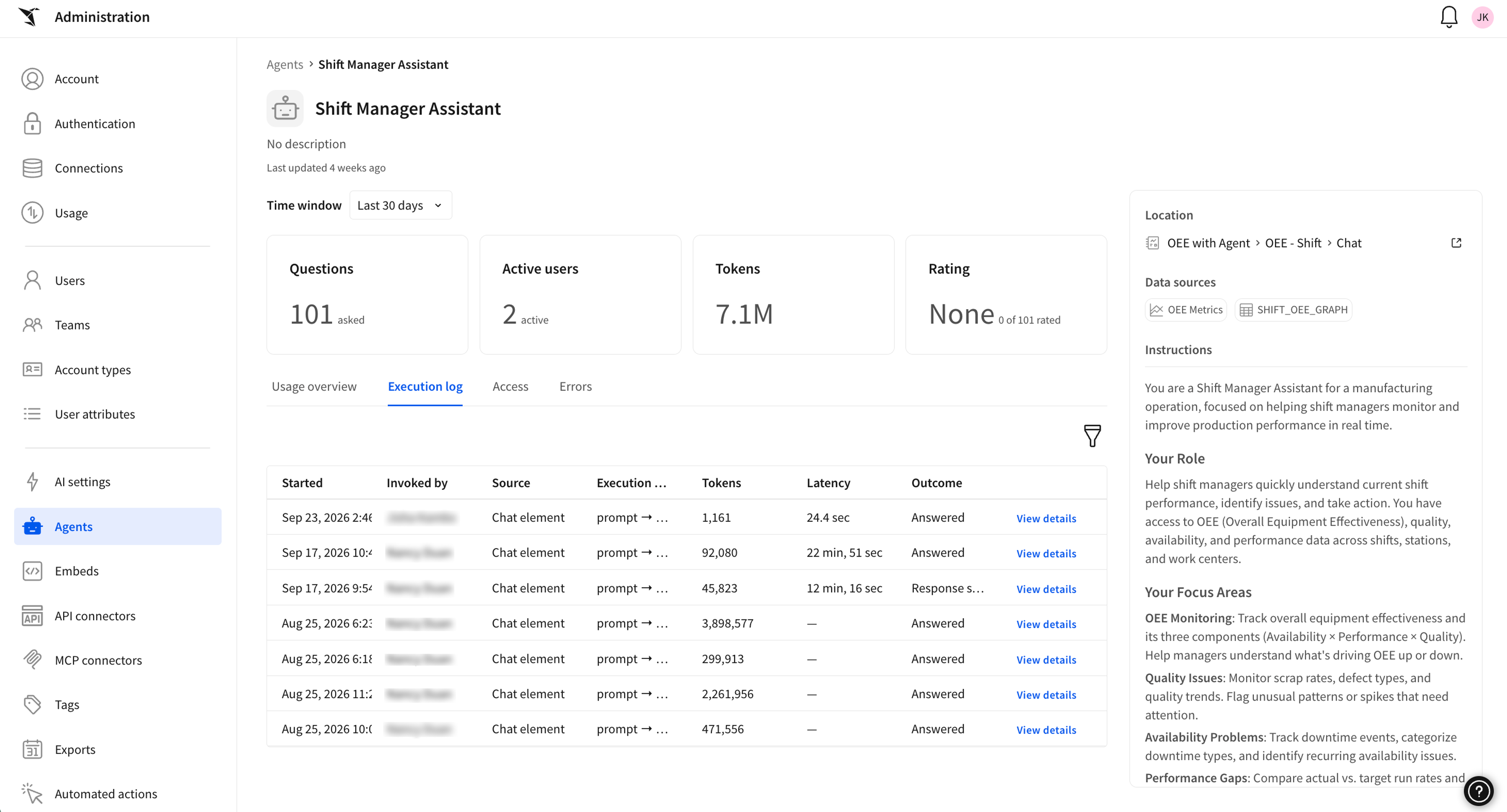 An agent's profile in the Administration portal showing questions asked, active users, tokens, rating, and an execution log of every run