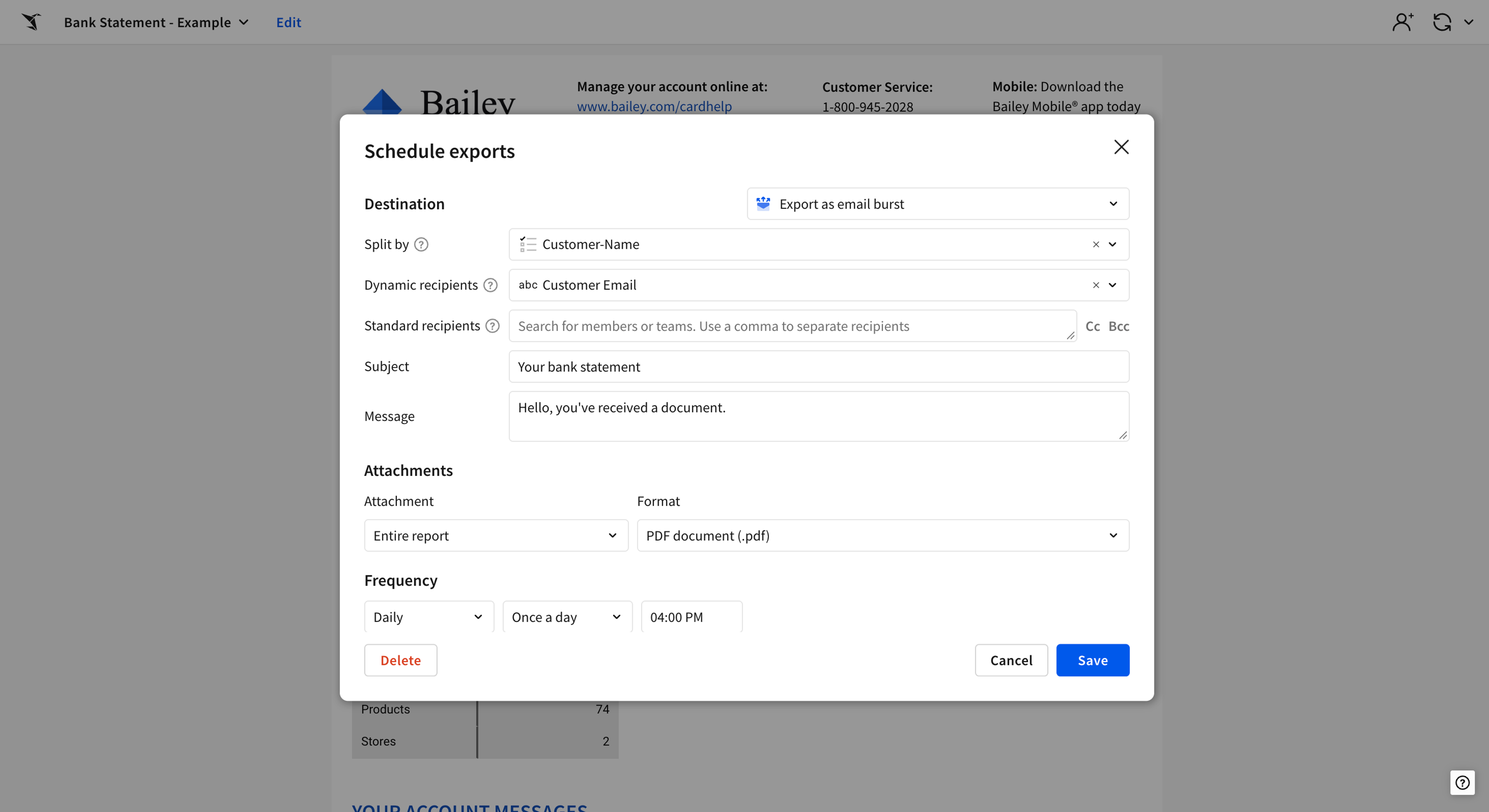 The Schedule exports modal with Export as email burst selected, showing the Split by and Dynamic recipients fields
