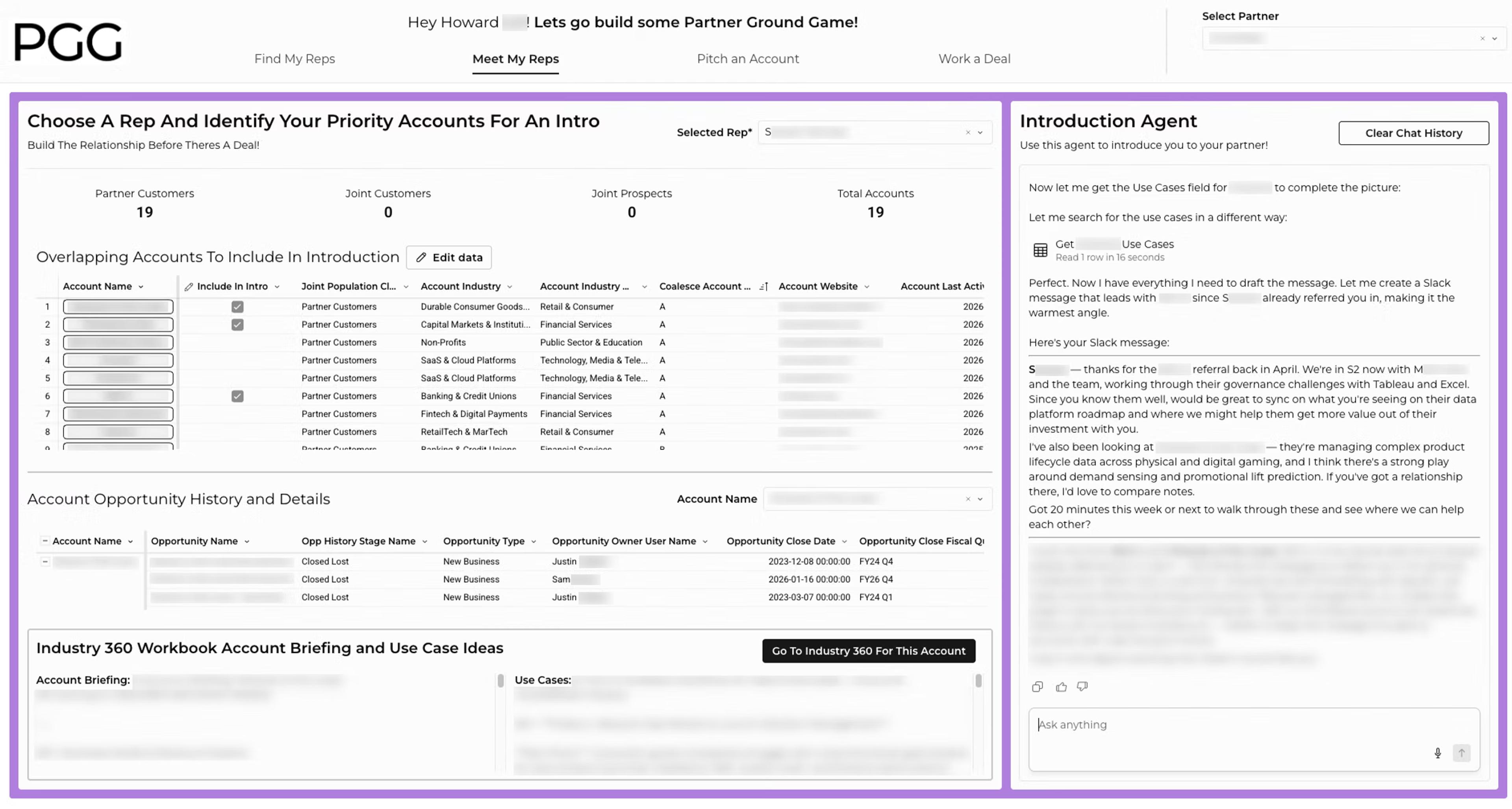 The Meet My Reps page, where the Introduction Agent drafts a partner outreach message for selected accounts.