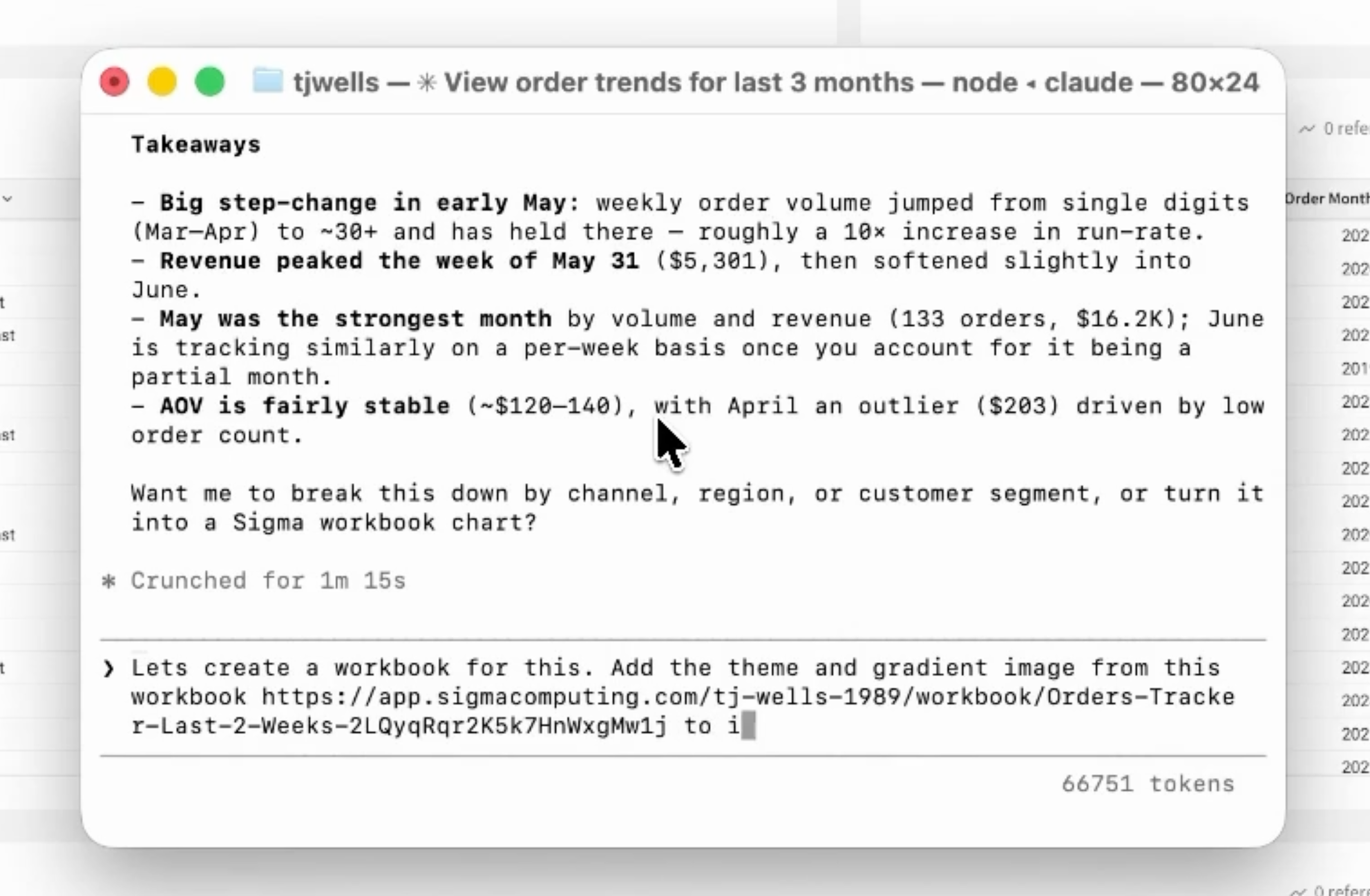A terminal coding agent summarizing order trends and prompting to build a Sigma workbook from a workbook URL.