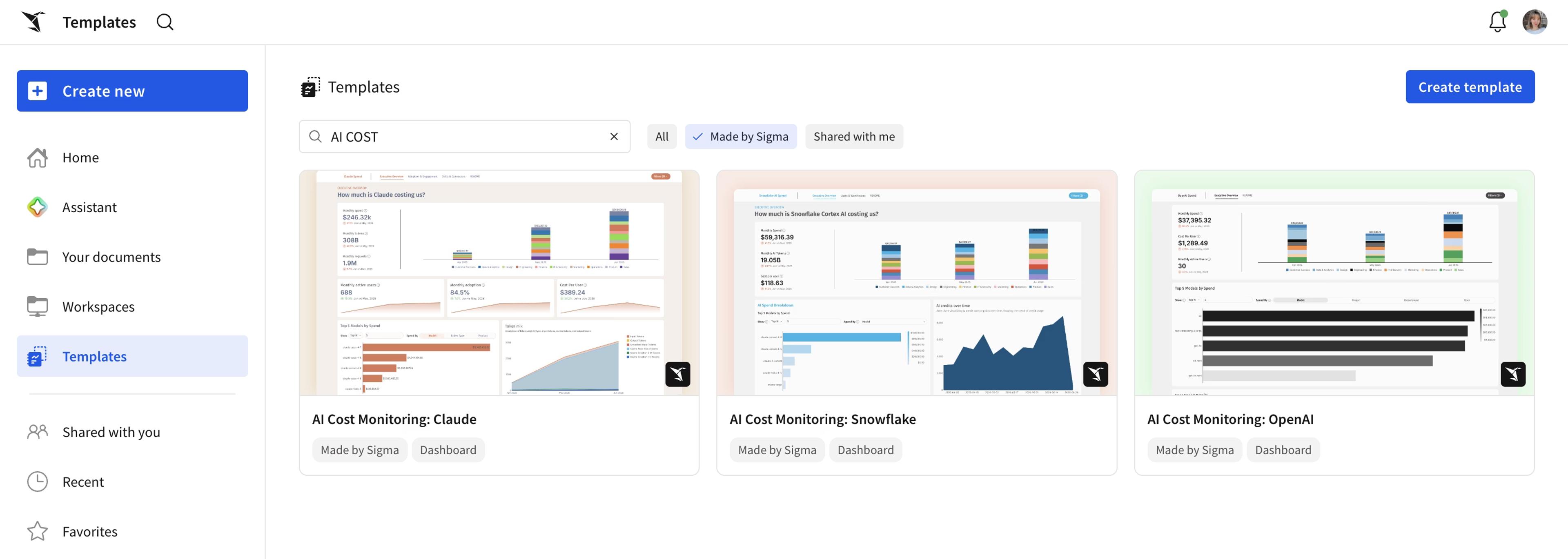AI Cost Monitoring Templates for Claude, OpenAI, and Snowflake in the Sigma home screen