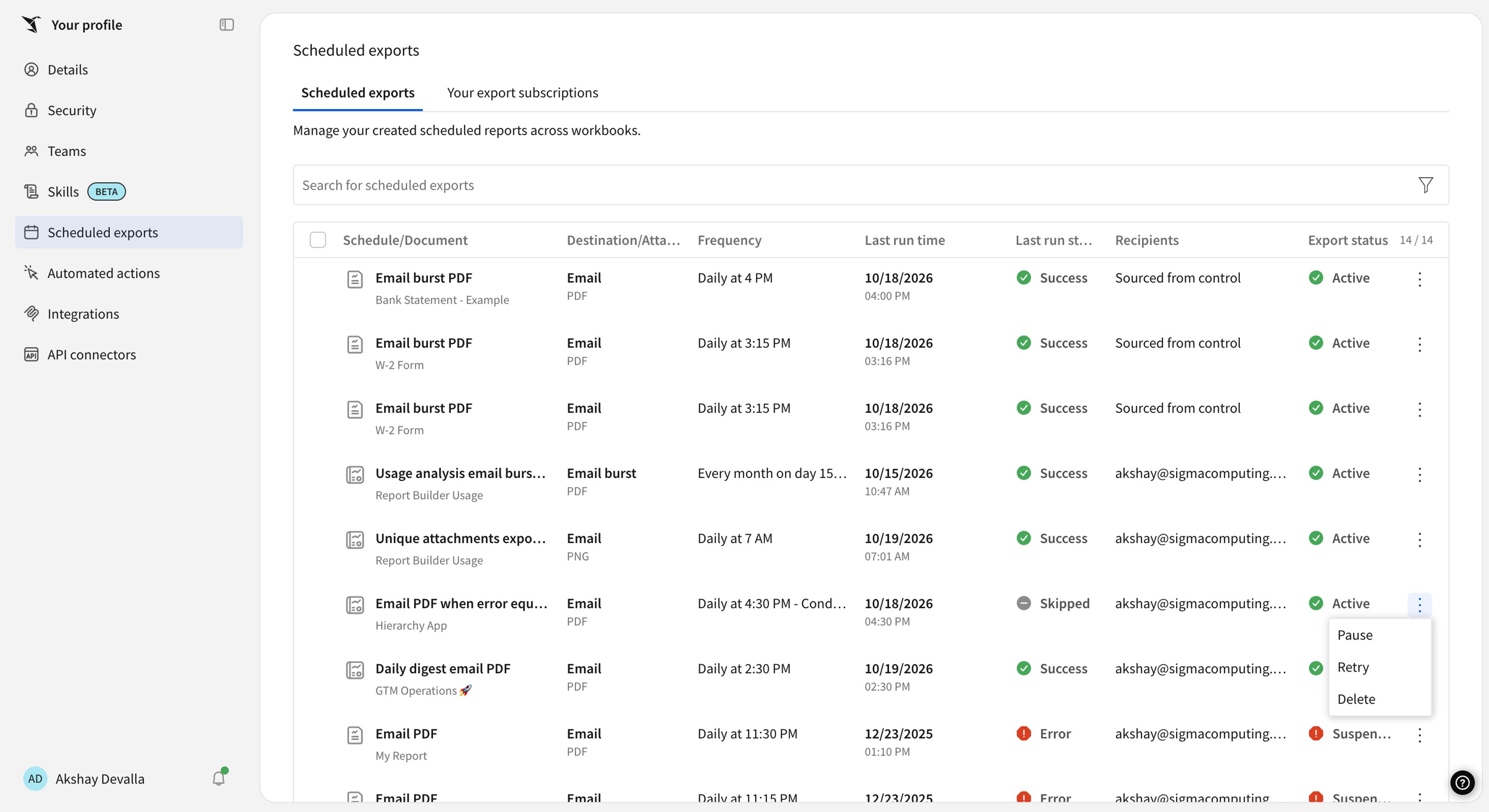 The Administration portal's Scheduled exports list, showing each burst's status with a retry, pause, and delete menu open