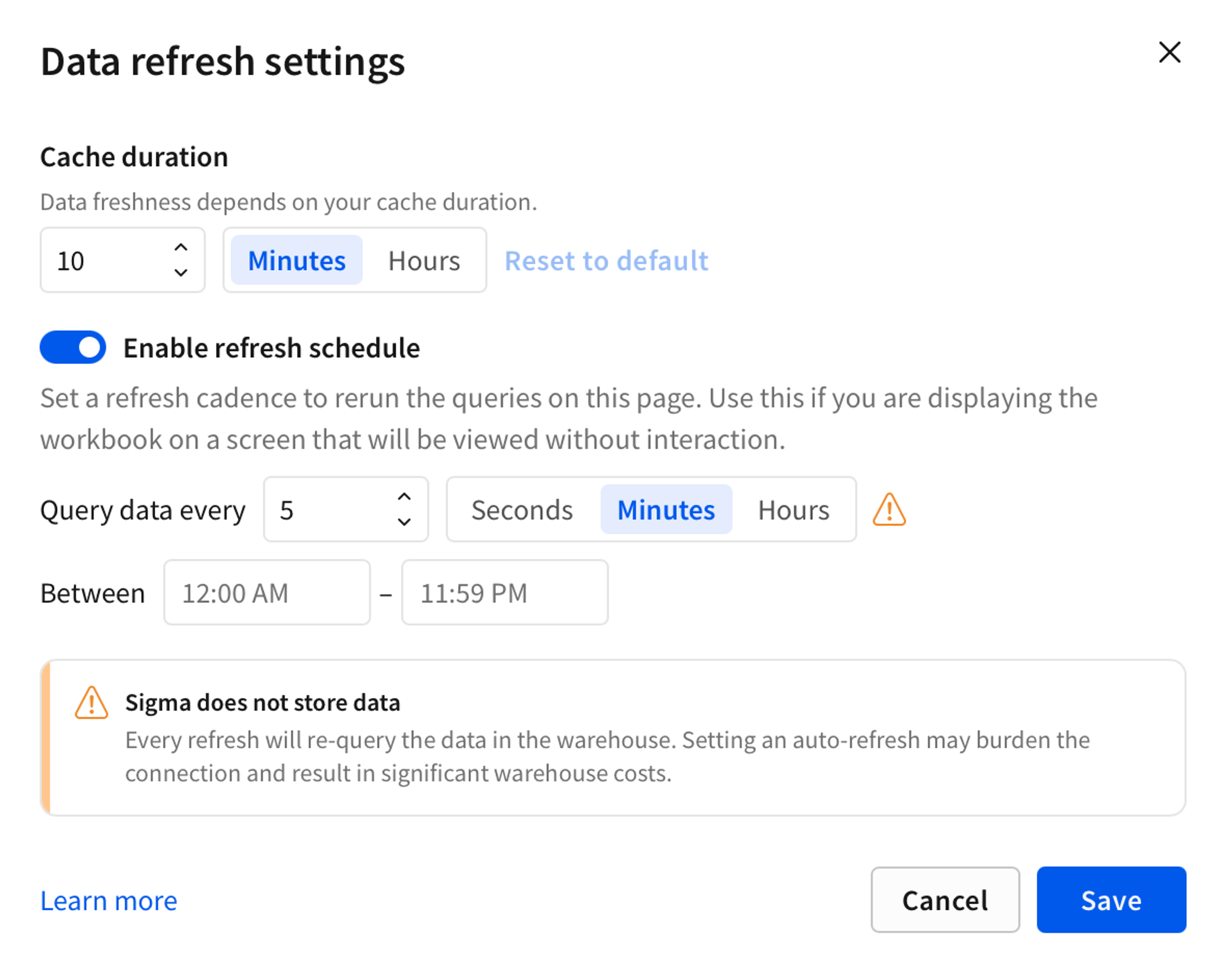 Data freshness settings