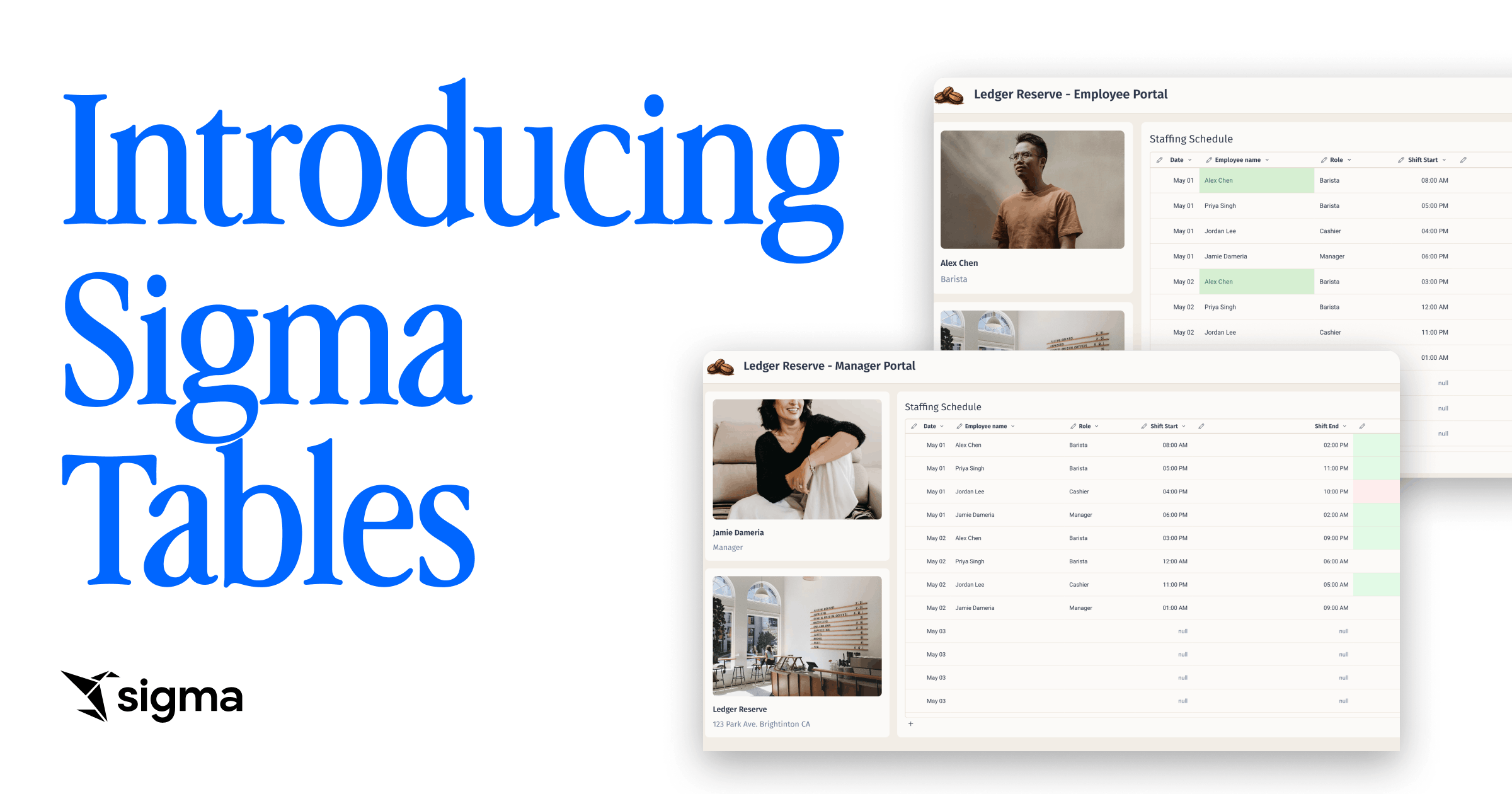 Introducing Sigma Tables: launch wordmark beside a finance app with revenue KPIs and a shared headcount-requests table.