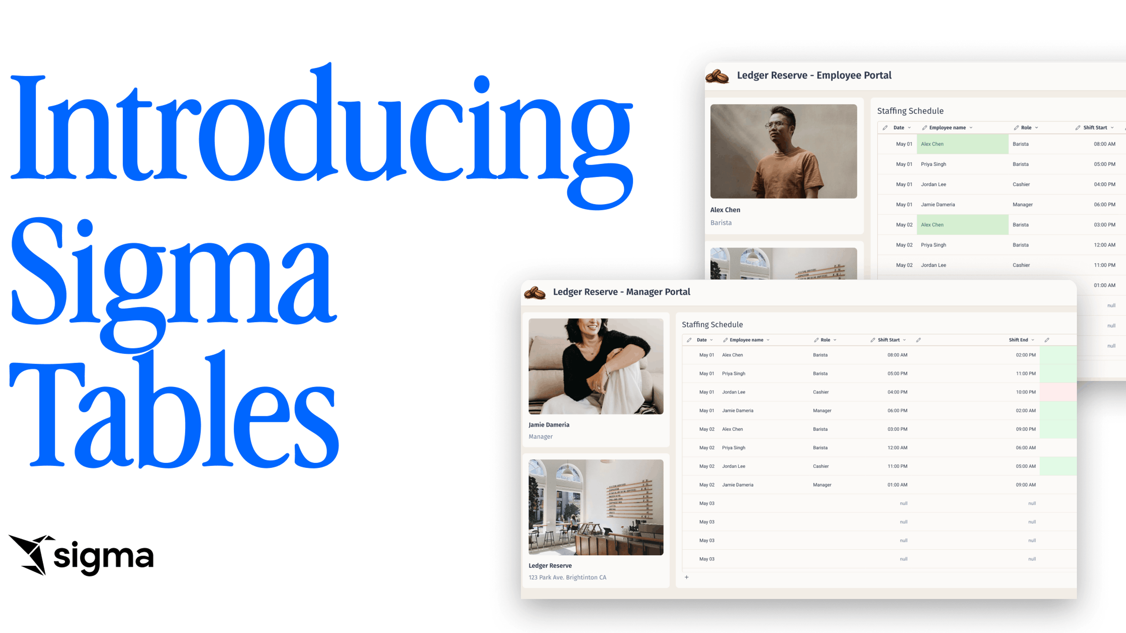 Introducing Sigma Tables: launch wordmark beside a finance app with revenue KPIs and a shared headcount-requests table.