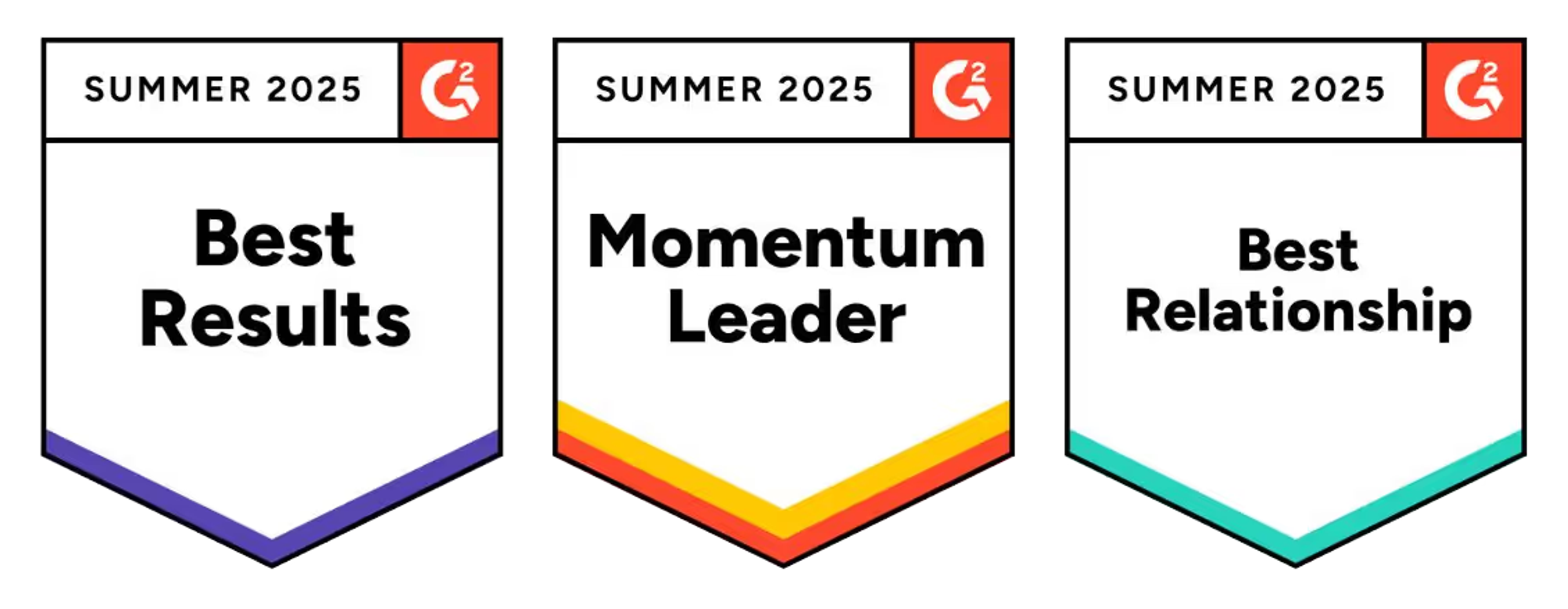 G2 Badges - Best Results, Momentum Leader, Best Relationship - Summer 2025