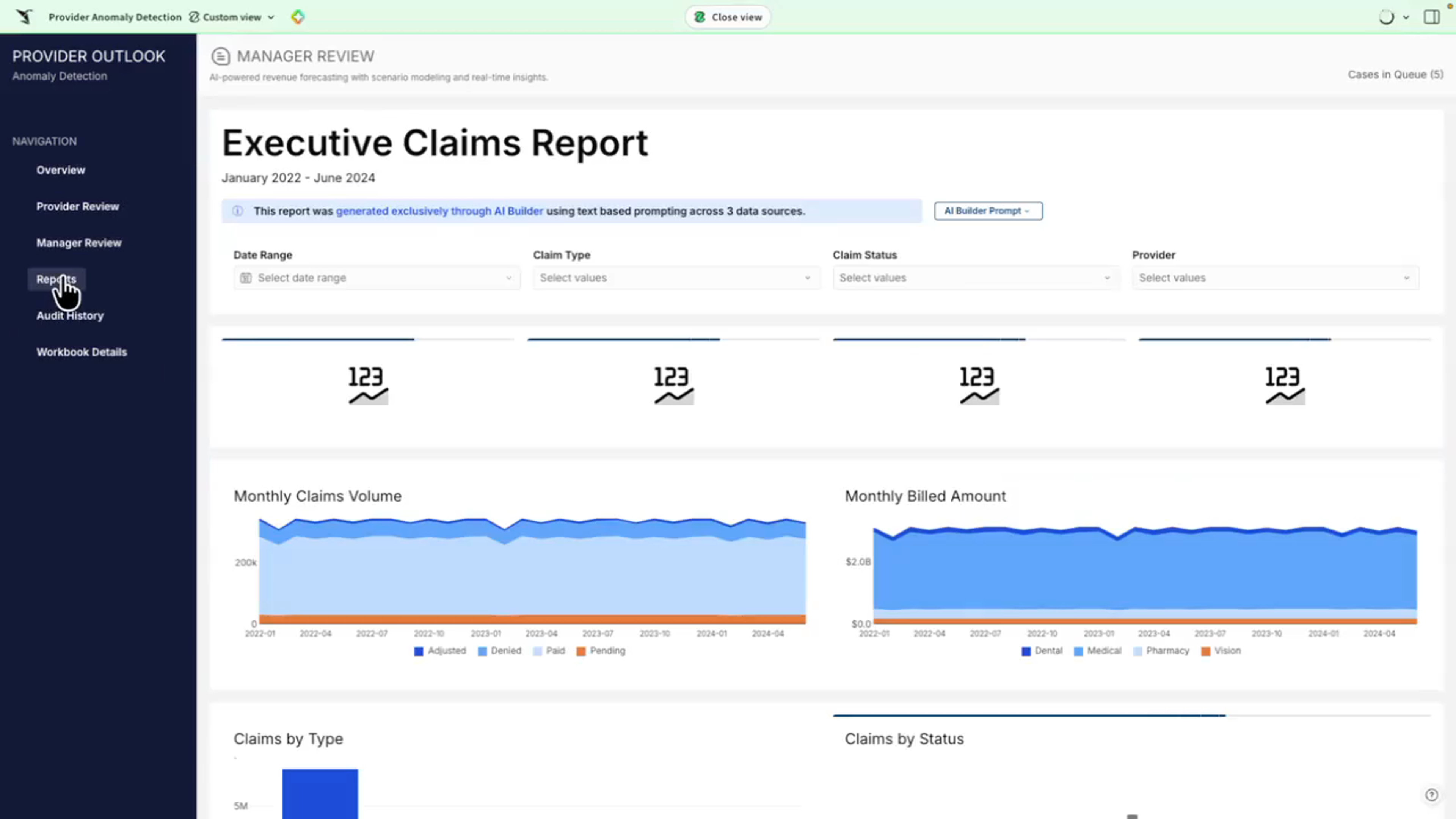 The Executive Claims Report generated from a single AI Builder prompt, with KPI tiles and trend charts