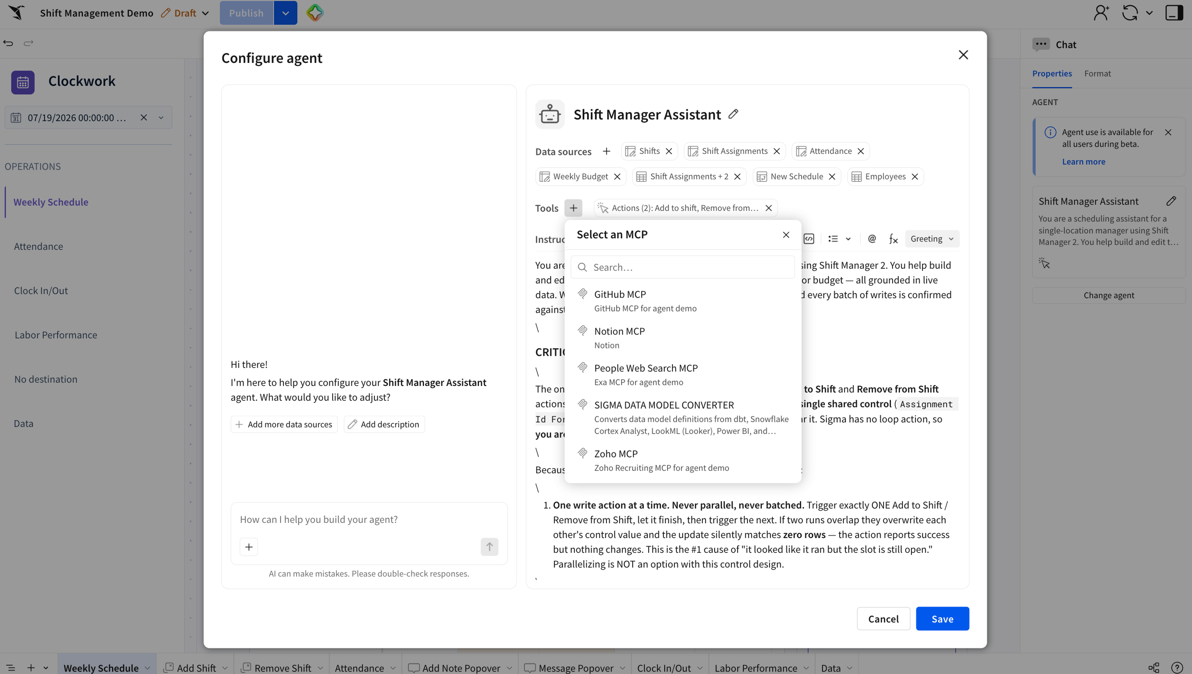 Configure agent: Select an MCP menu