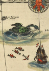 Detail van een getekend zeemonster van een landkaart van Blaeu