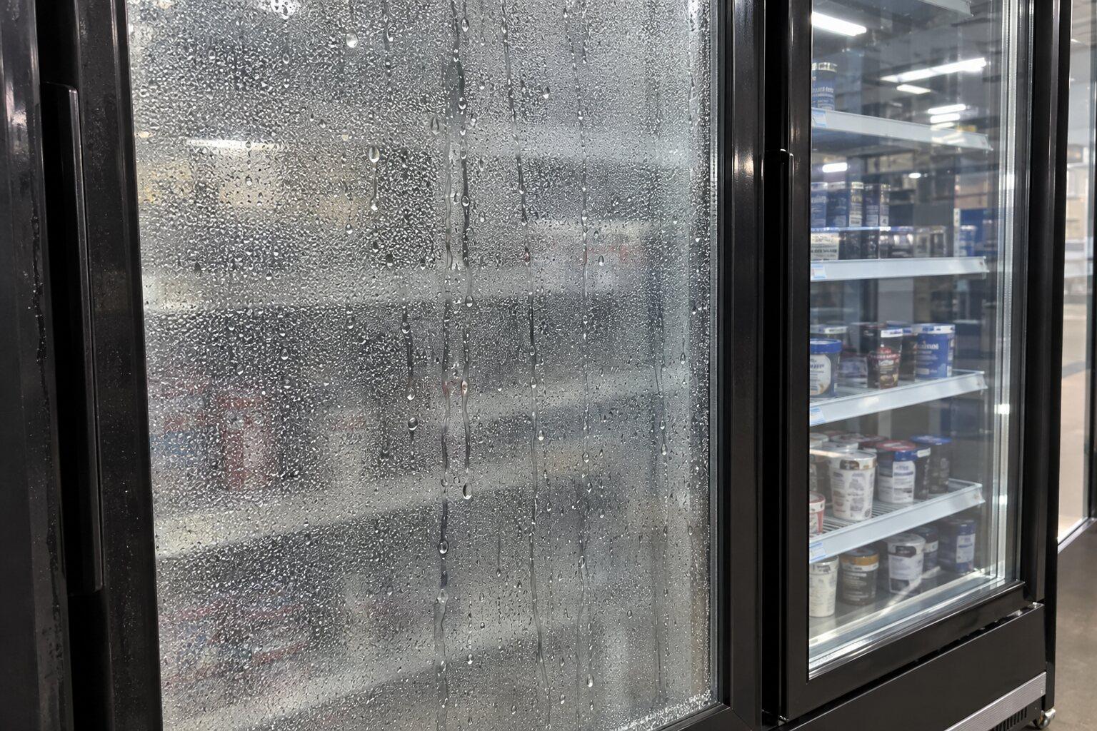 Fogged freezer glass door next to a clear heated glass door