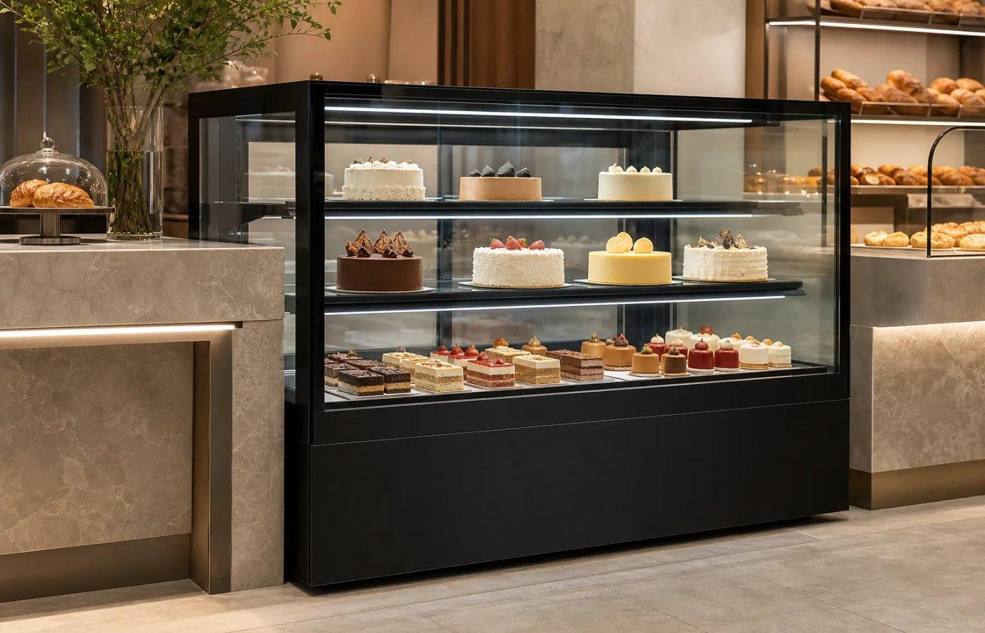 Straight glass refrigerated cake showcase with lower cabinet base and glass shelves