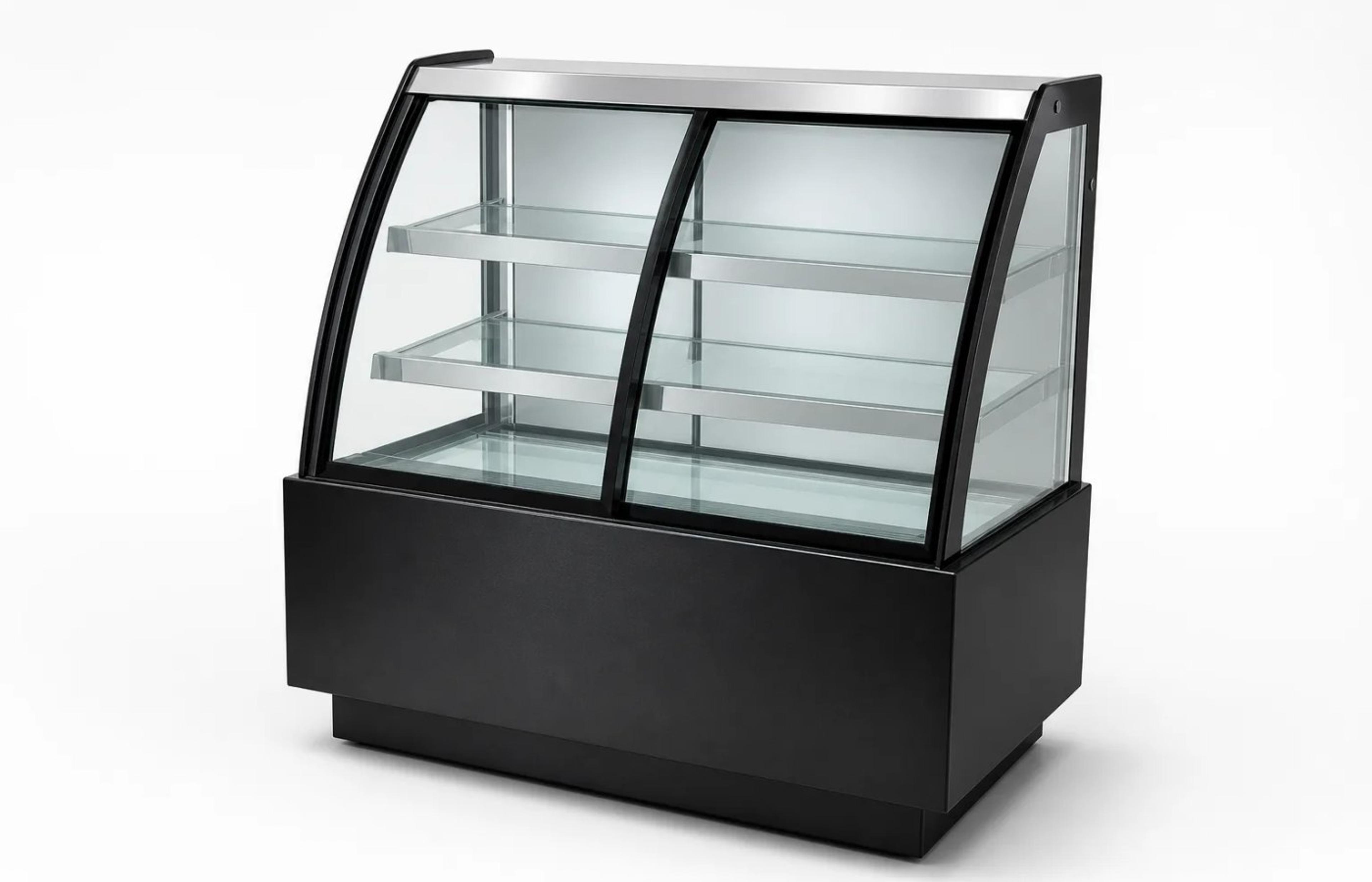 Curved glass refrigerated cake display showcase with multiple glass shelves