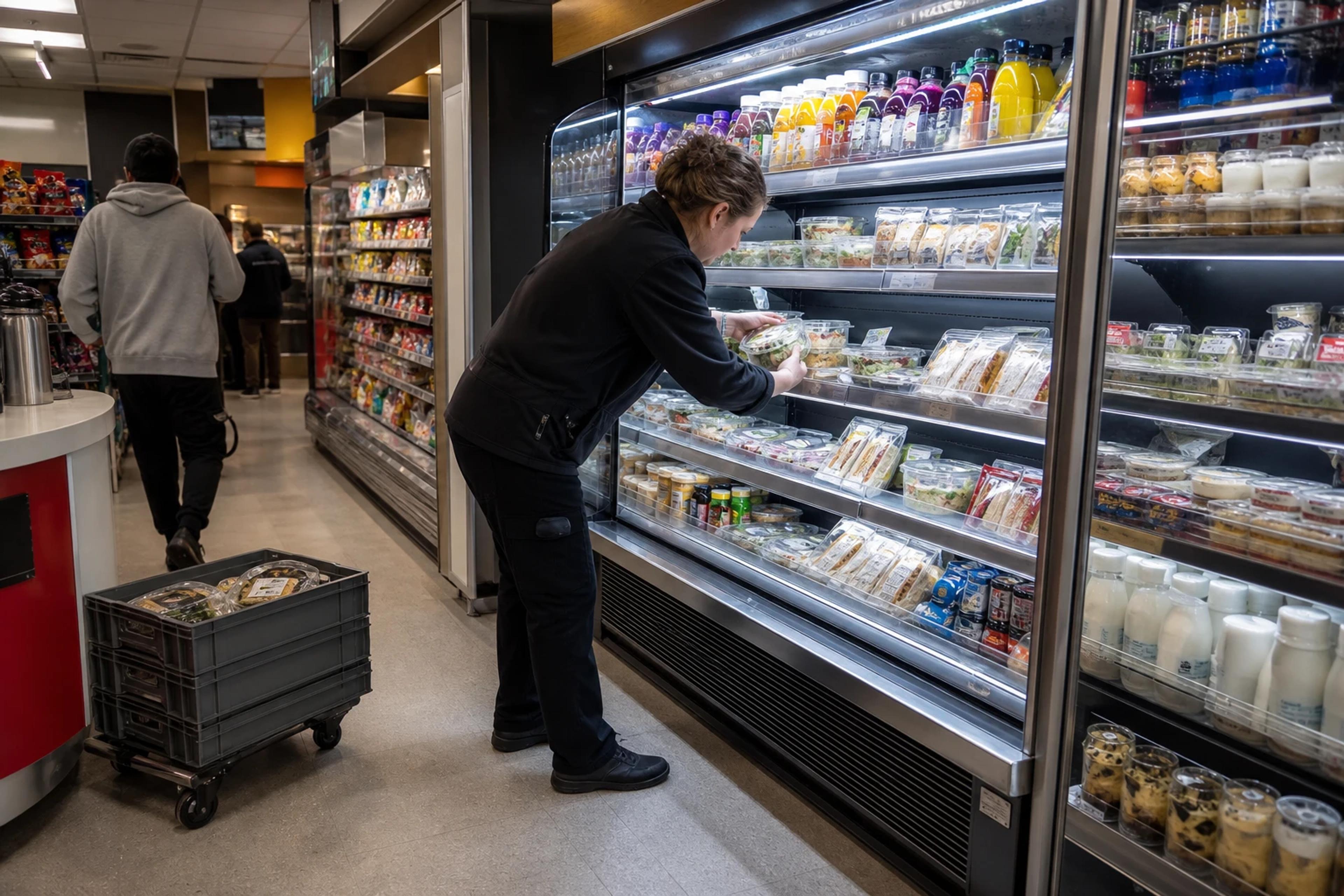 Convenience-store staff restocking a narrow open display chiller while keeping the lower return grille clear