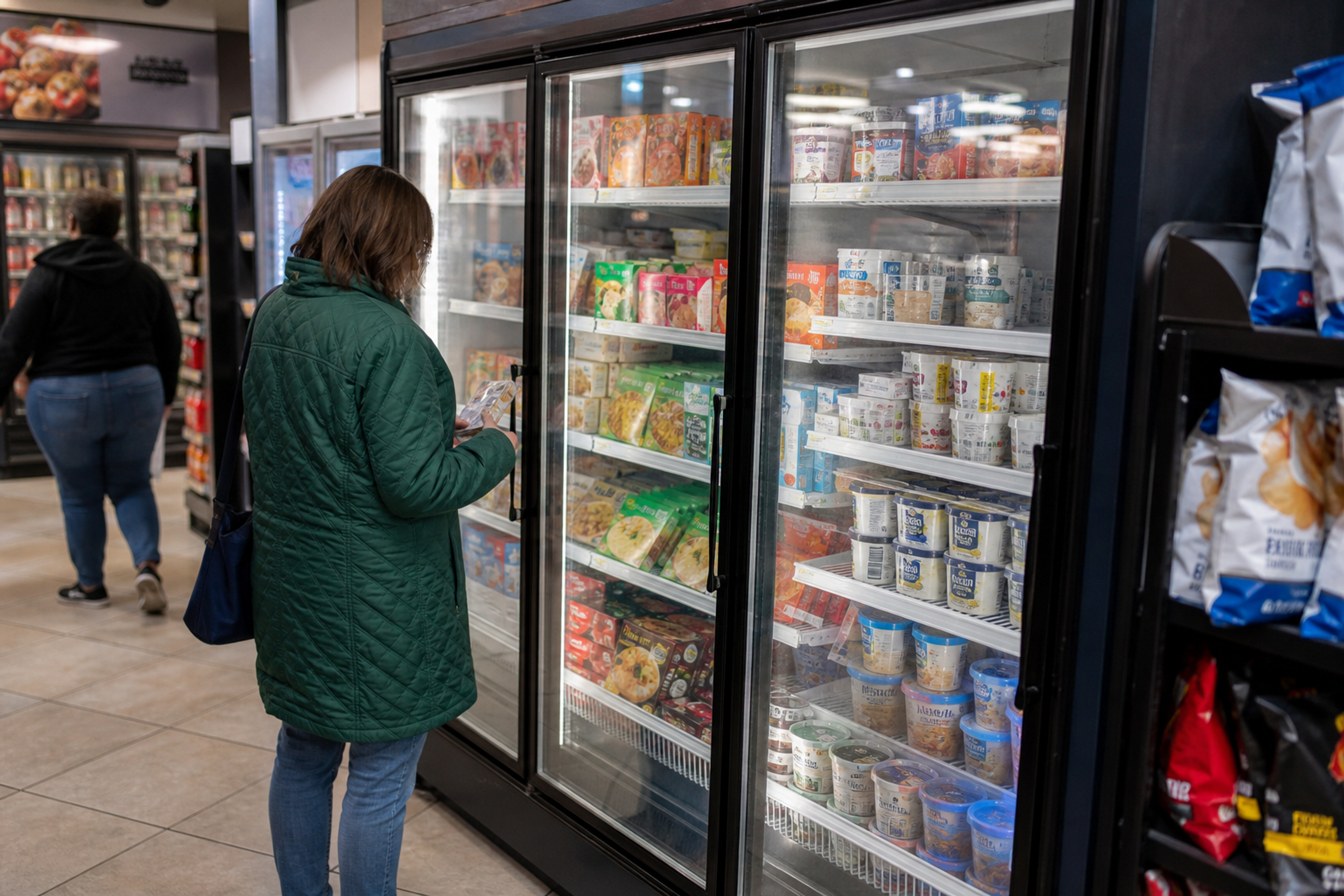 Customers browsing a glass door upright display freezer in a retail aisle