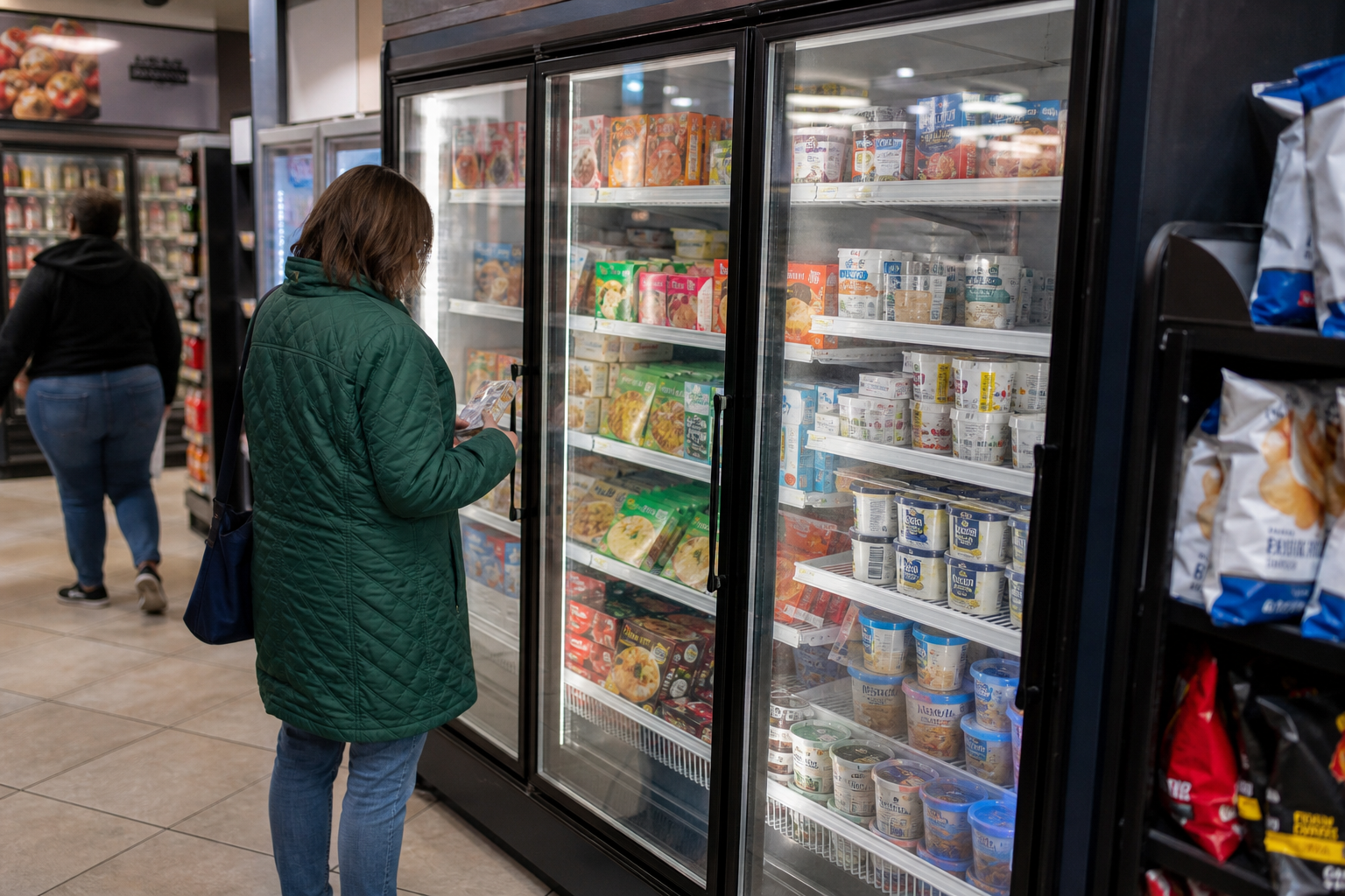 Customers browsing a glass door upright display freezer in a retail aisle
