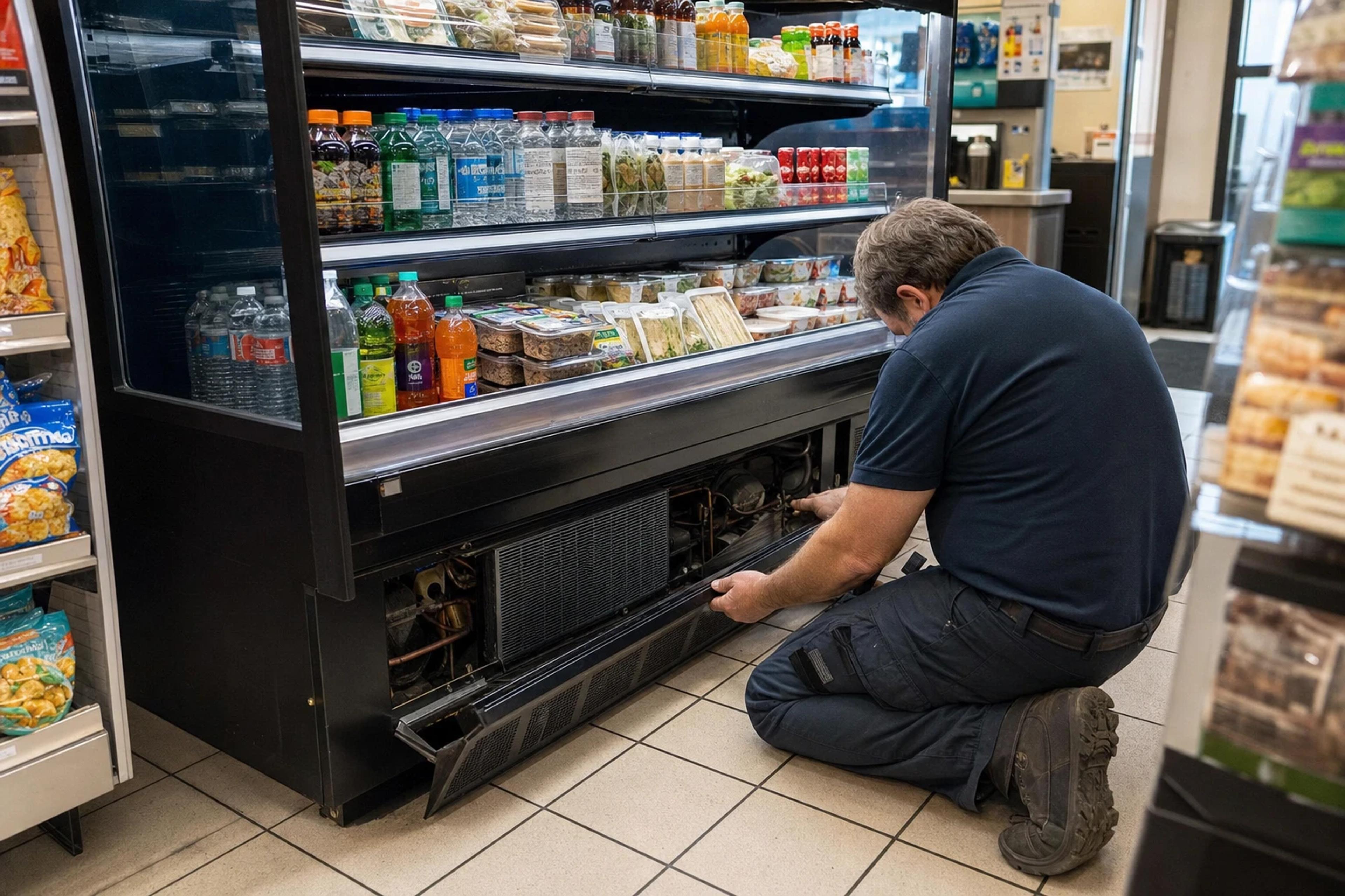 Technician opening the lower service panel of an open display merchandiser to inspect the condenser area