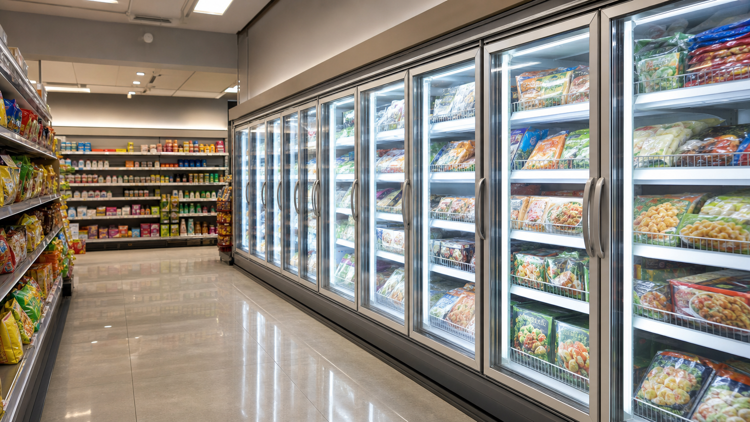 Glass-door commercial display freezer placed along a convenience store aisle with clear walkway space