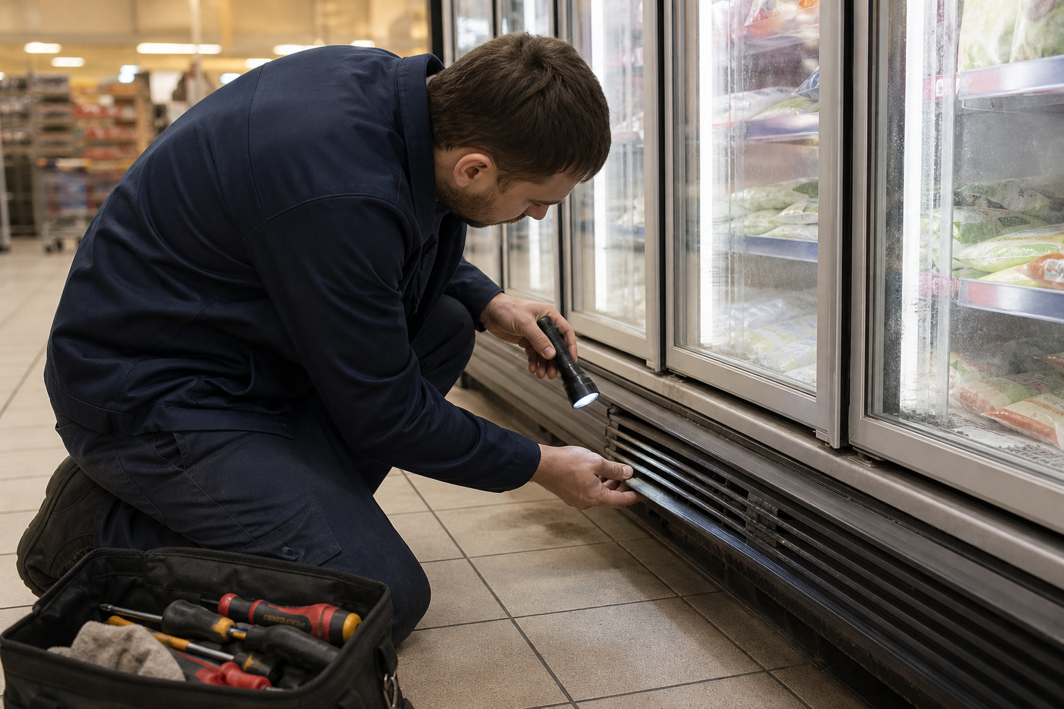 Technician inspecting the door gasket and lower grille of an upright display freezer
