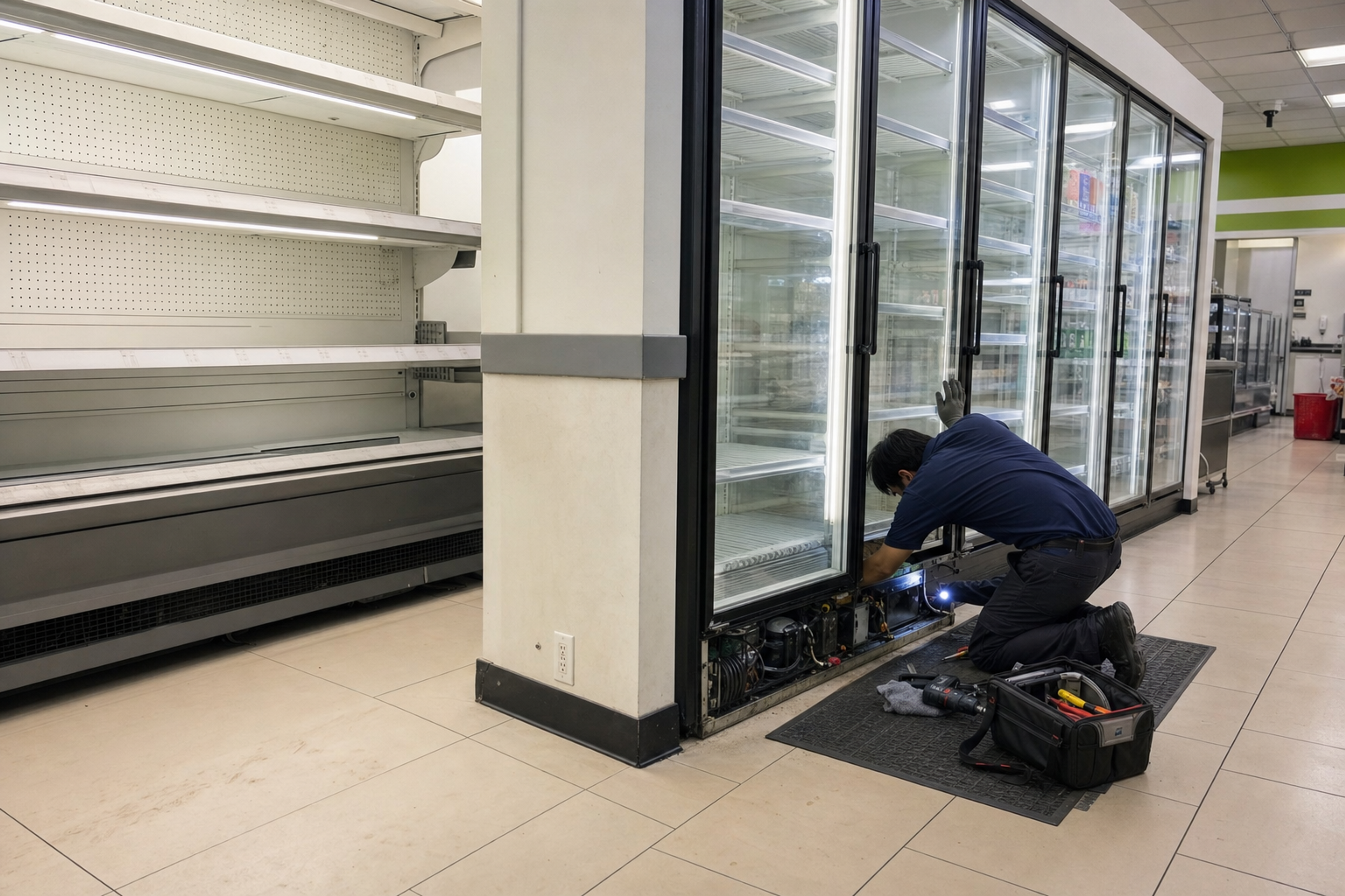 Technician inspecting condenser access and door gasket condition on a commercial glass-door beverage cabinet