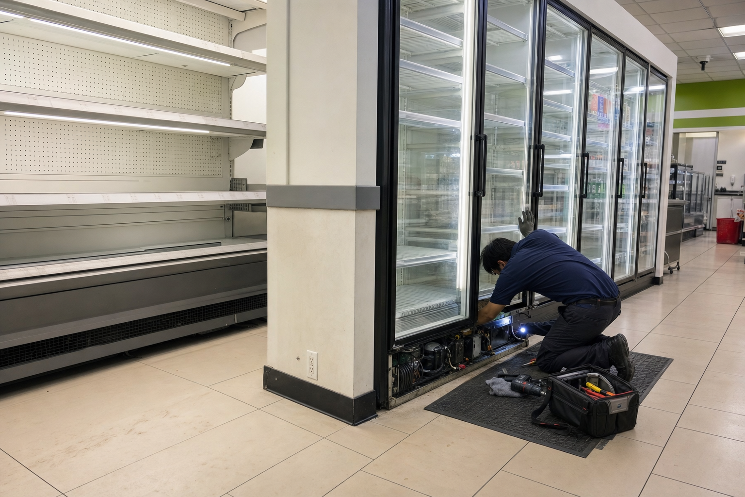 Technician inspecting condenser access and door gasket condition on a commercial glass-door beverage cabinet