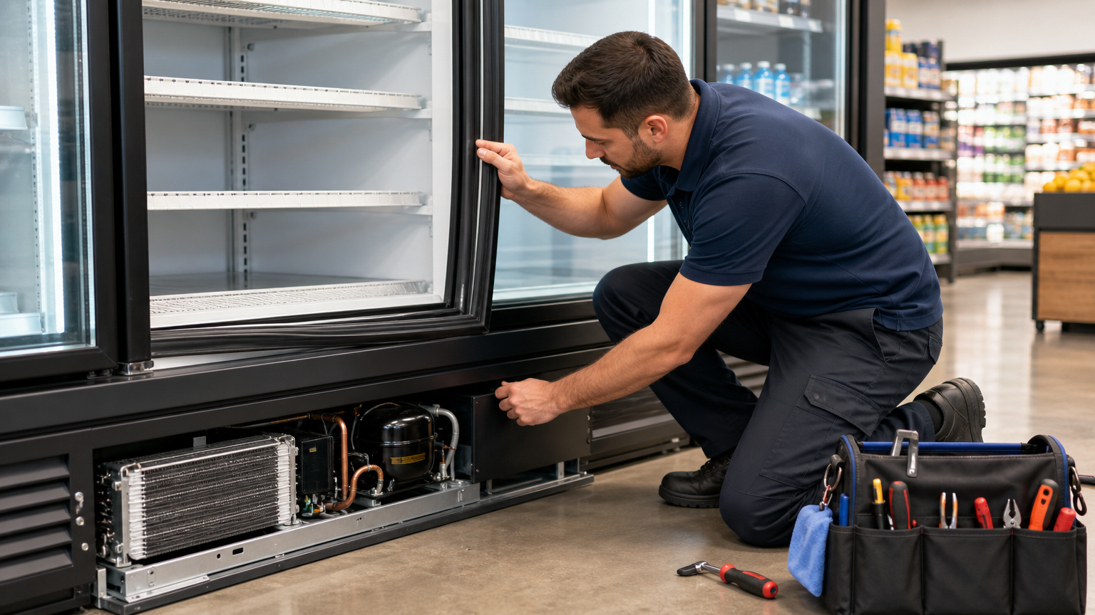 Technician inspecting the door gasket and service access area of a commercial display freezer