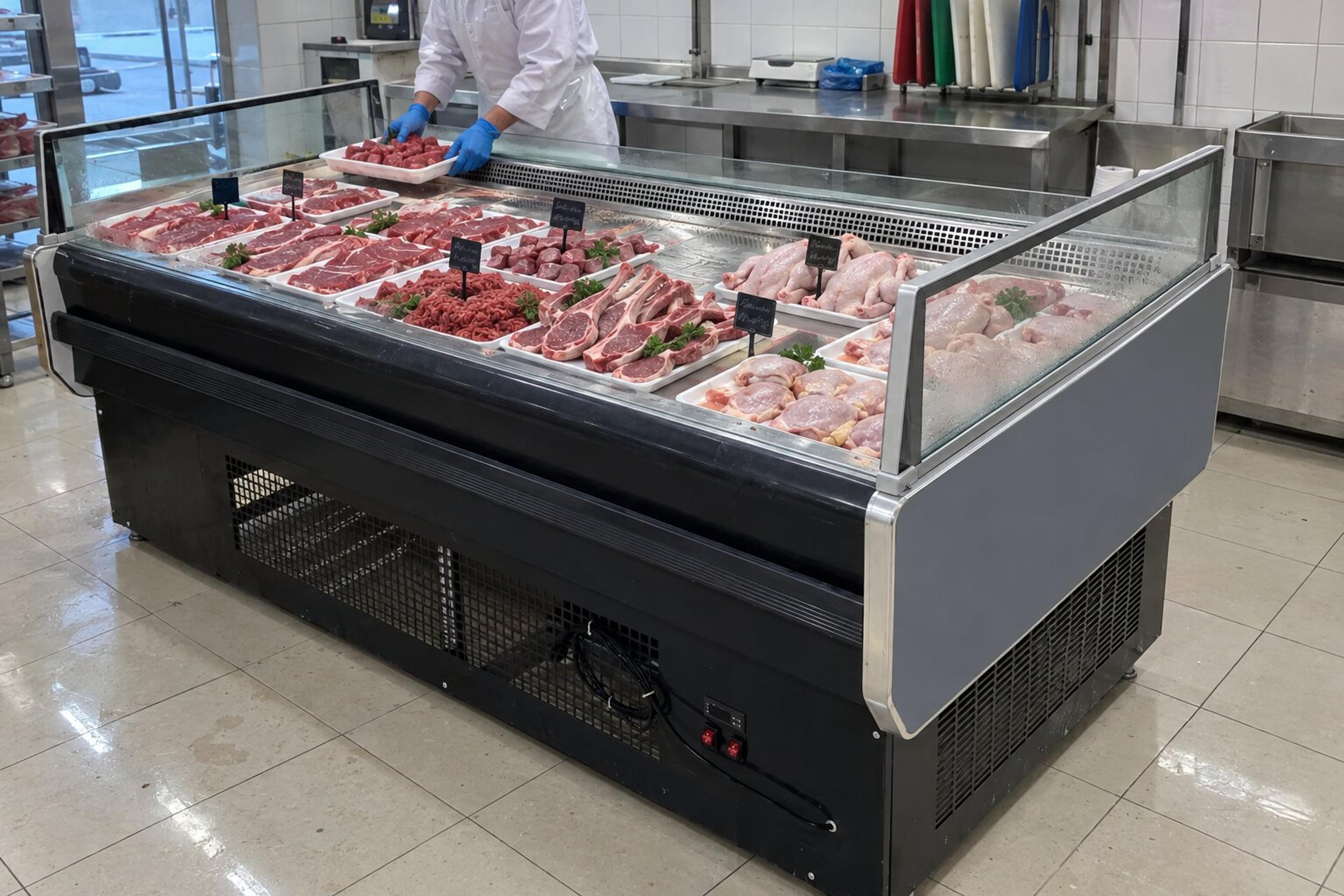 Vitrina de carnicería ventilada con vidrio en cuatro lados mostrando res, cordero y pollo en un supermercado