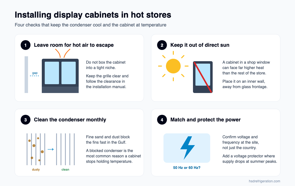 Four installation checks for display cabinets in hot stores: clearance, sun, condenser cleaning and power supply