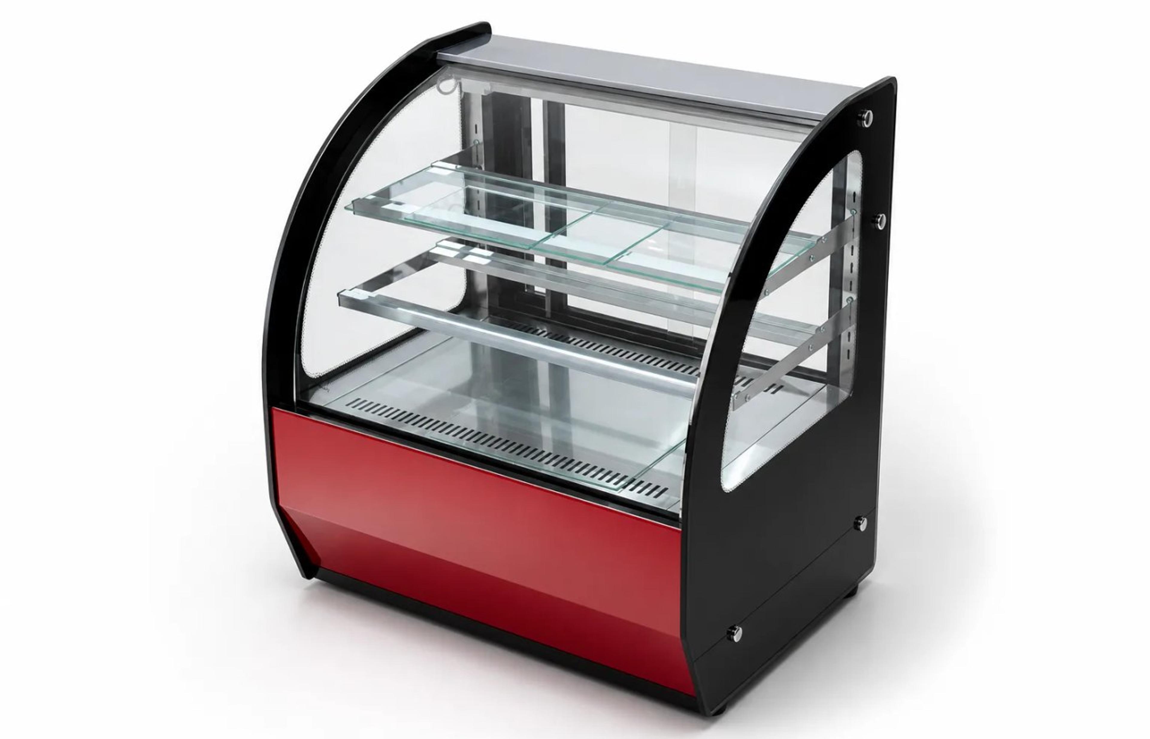 Compact refrigerated cake showcase with visible shelf spacing and display depth