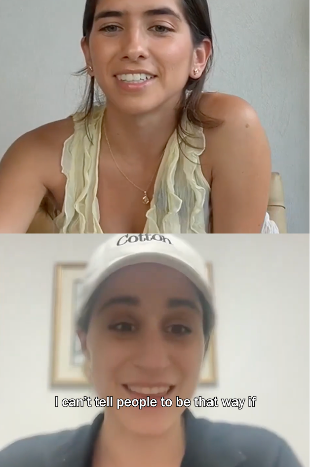 A split-screen video call from The Untold Podcast shows Lorenza Ángel smiling at the camera in the top panel, wearing a light ruffled sleeveless top, while Talia Cotton appears in the bottom panel wearing a white “Cotton” cap and dark jacket. Subtitles read, “I can’t tell people to be that way if.”