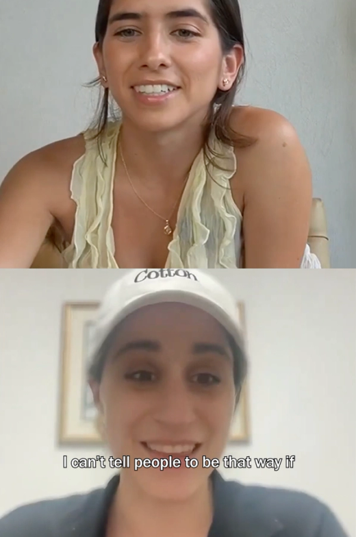 A split-screen video call from The Untold Podcast shows Lorenza Ángel smiling at the camera in the top panel, wearing a light ruffled sleeveless top, while Talia Cotton appears in the bottom panel wearing a white “Cotton” cap and dark jacket. Subtitles read, “I can’t tell people to be that way if.”
