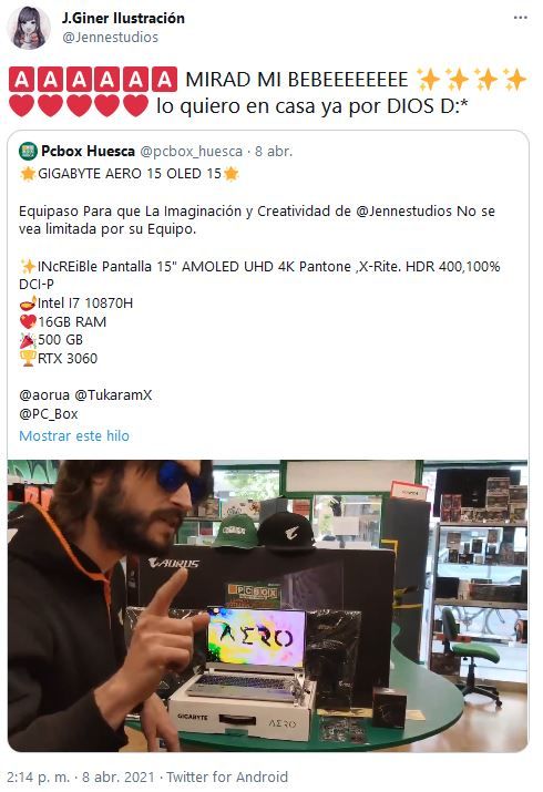 Captura de Twitter: la ilustradora J. Giner muestra su expectación por conseguir su nuevo portátil