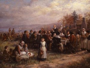 'Thanksgiving at Plymouth' (1925), de Jennie Augusta Brownscombe, ofrece una visión idealizada de la comida de 1621