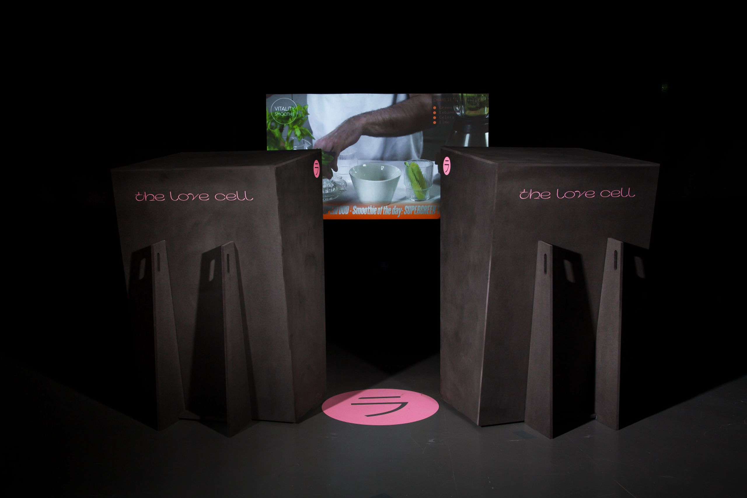 Projet de diplôme master design espace et communication julia pelichet, deux cabines font face à un écran de projection ou un film de téléréalité est diffusé