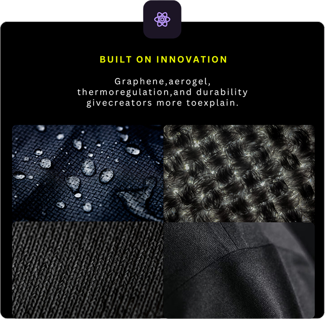 BUILT ON INNOVATION. Graphene, aerogel, thermoregulation, and durability give creators more to explain.