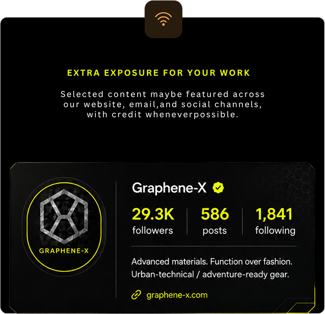 EXTRA EXPOSURE FOR YOUR WORK. Selected content maybe featured across our website, email, and social channels, with credit whenever possible. Graphene-X on social: 29.3K followers, 586 posts, 1,841 following.