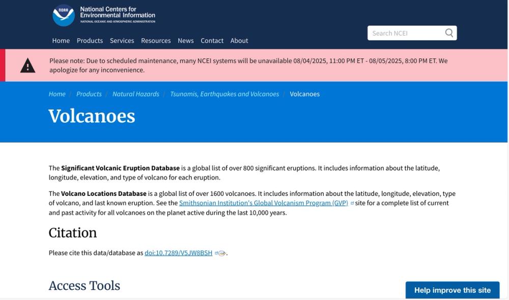 image of NCEI Volcanoes Database