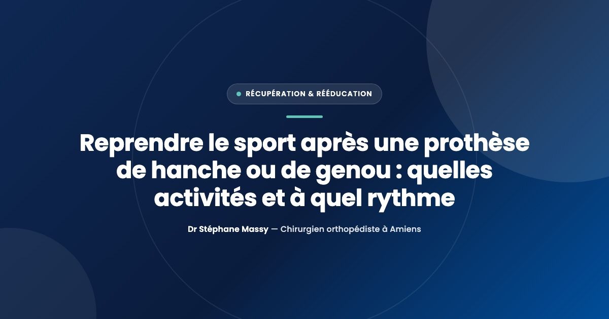 Illustration schématique d'une hanche et d'un genou avec prothèse, accompagnée de pictogrammes d'activités sportives douces