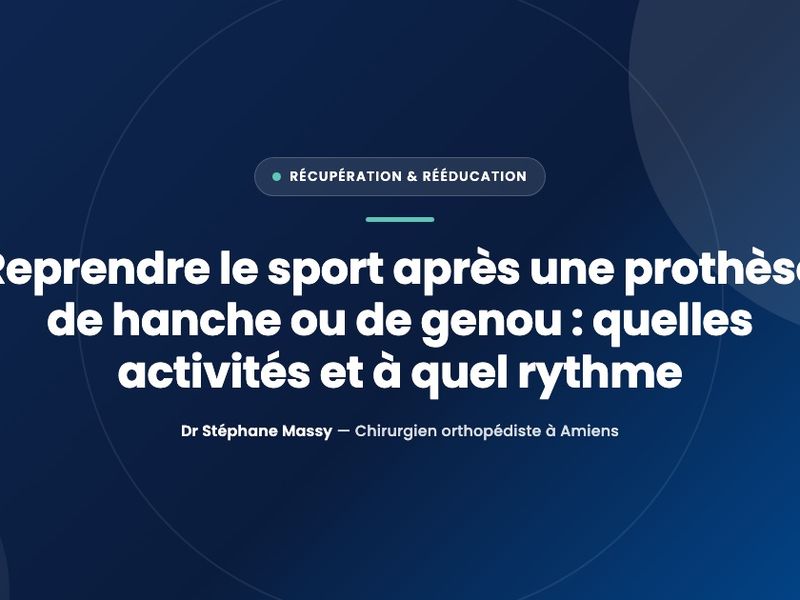 Illustration schématique d'une hanche et d'un genou avec prothèse, accompagnée de pictogrammes d'activités sportives douces