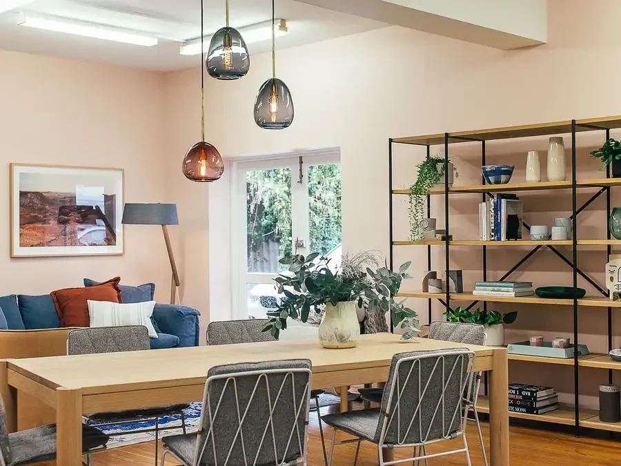 Finished open-plan living and dining room after a full interior remodel