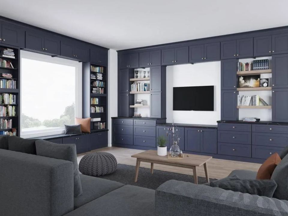 Living room with built-in cabinetry and seating