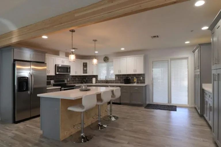 modern farmhouse kitchen with wood beam
