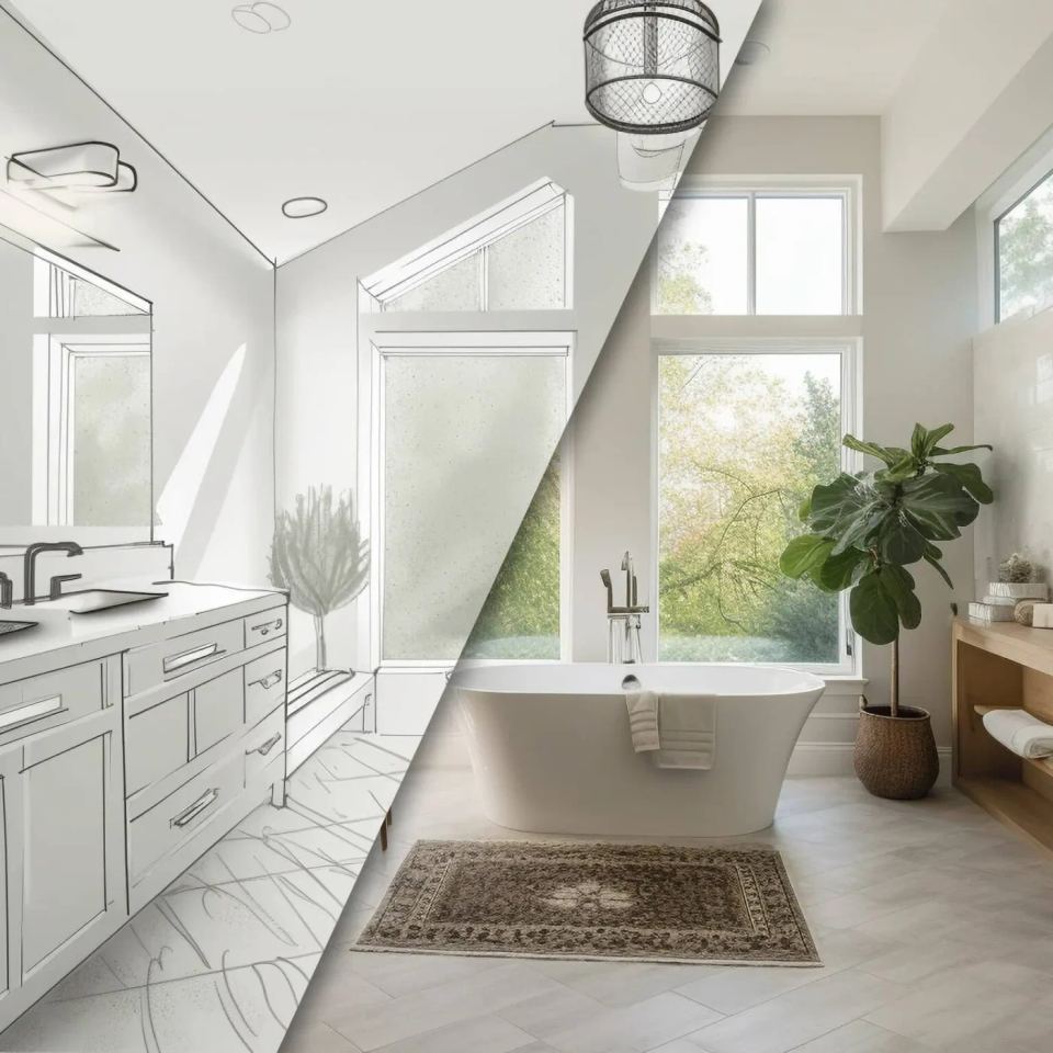 Custom Bathroom Upgrade Interior Concept Drawing Before And After Completed Construction